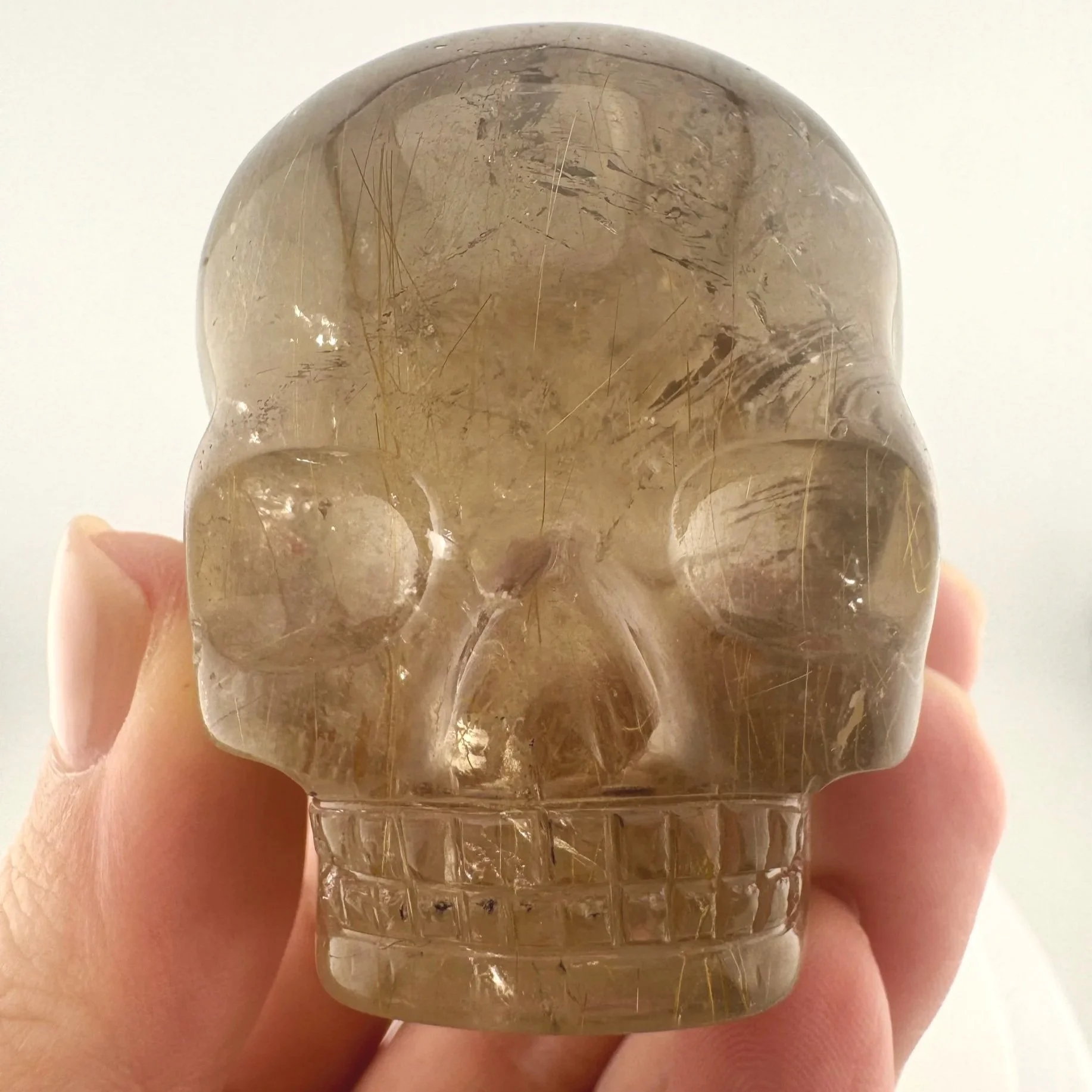 Leandro de Souza Golden Rutile in Smoky Quartz Magical Child Palm Skull