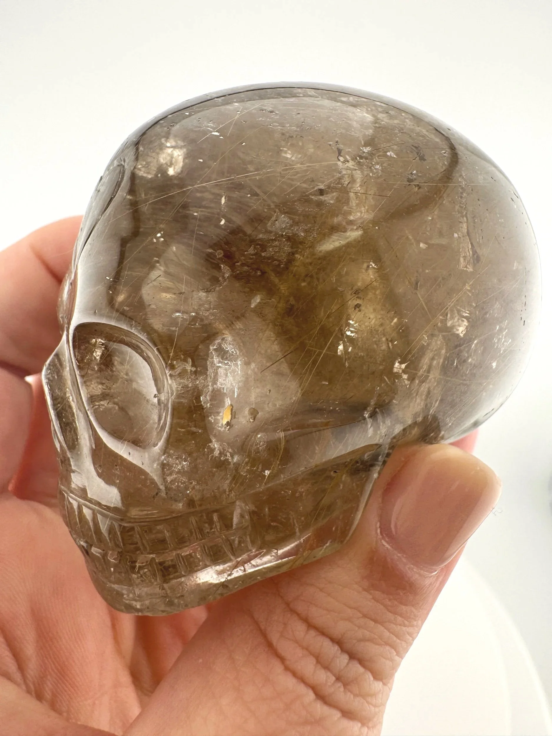Leandro de Souza Golden Rutile in Smoky Quartz Mayan Skull