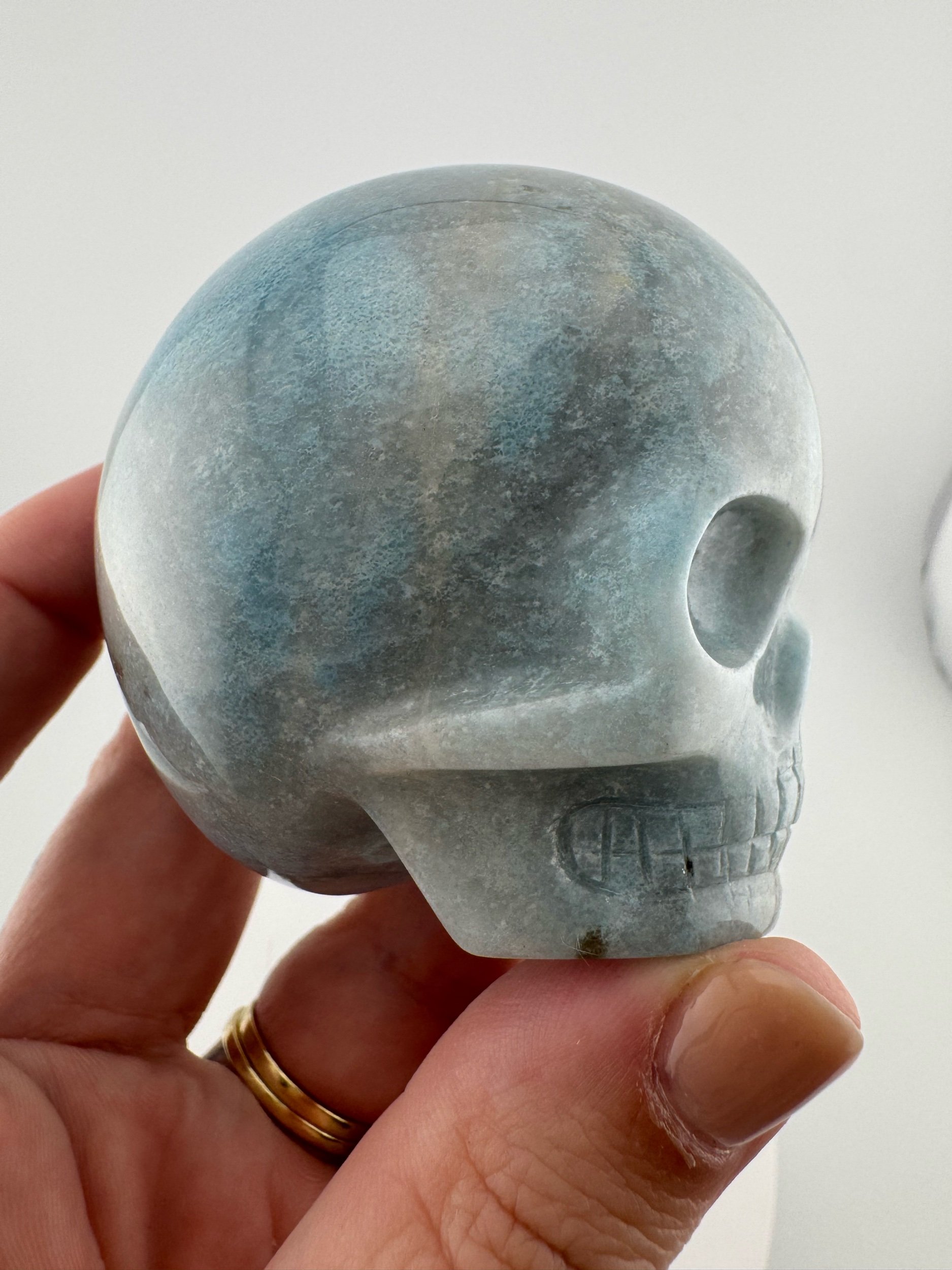 A Blue Trollite Magical Child Skull carved by Leandro de Souza