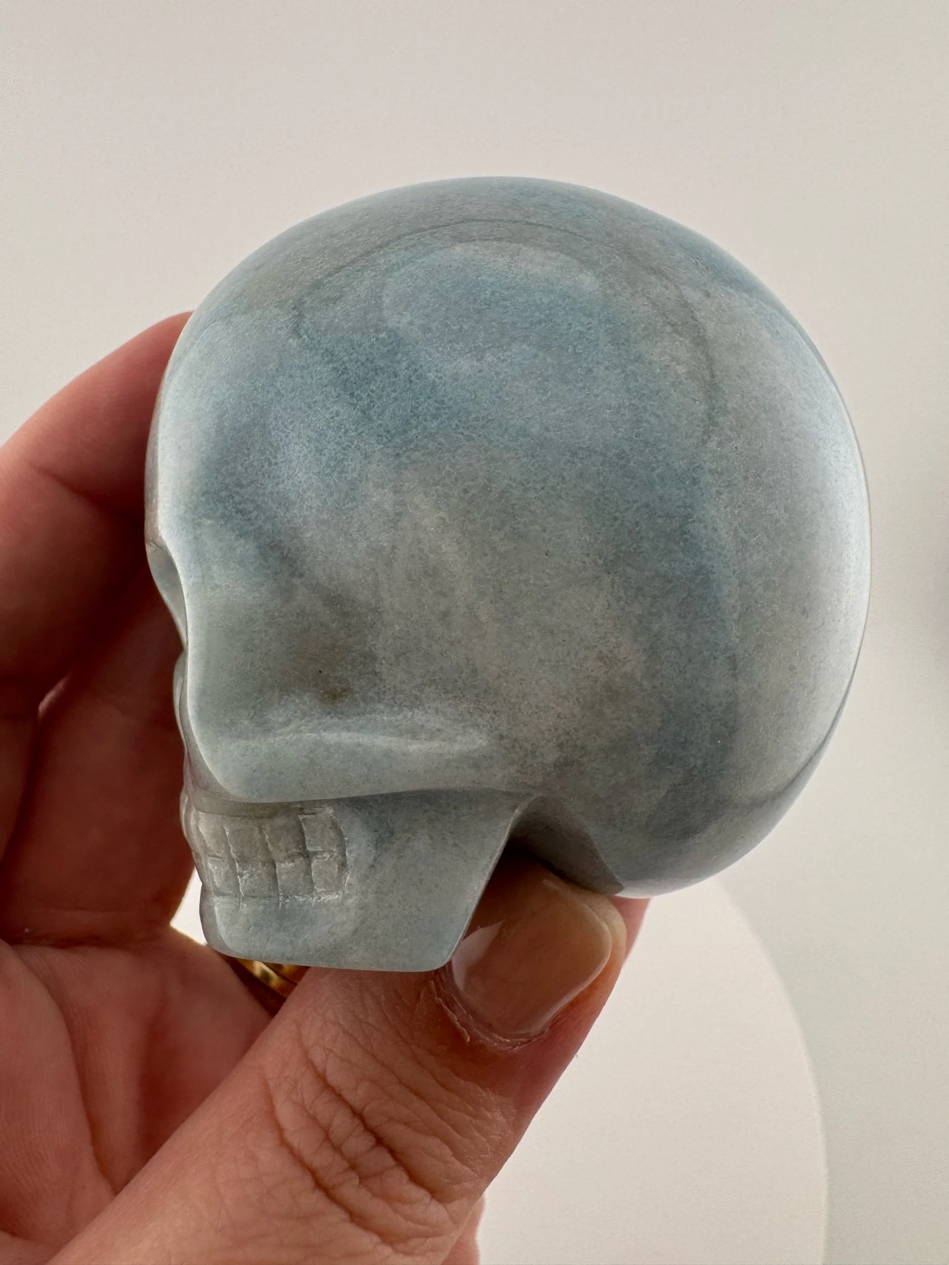 A Blue Trollite Magical Child Skull carved by Leandro de Souza