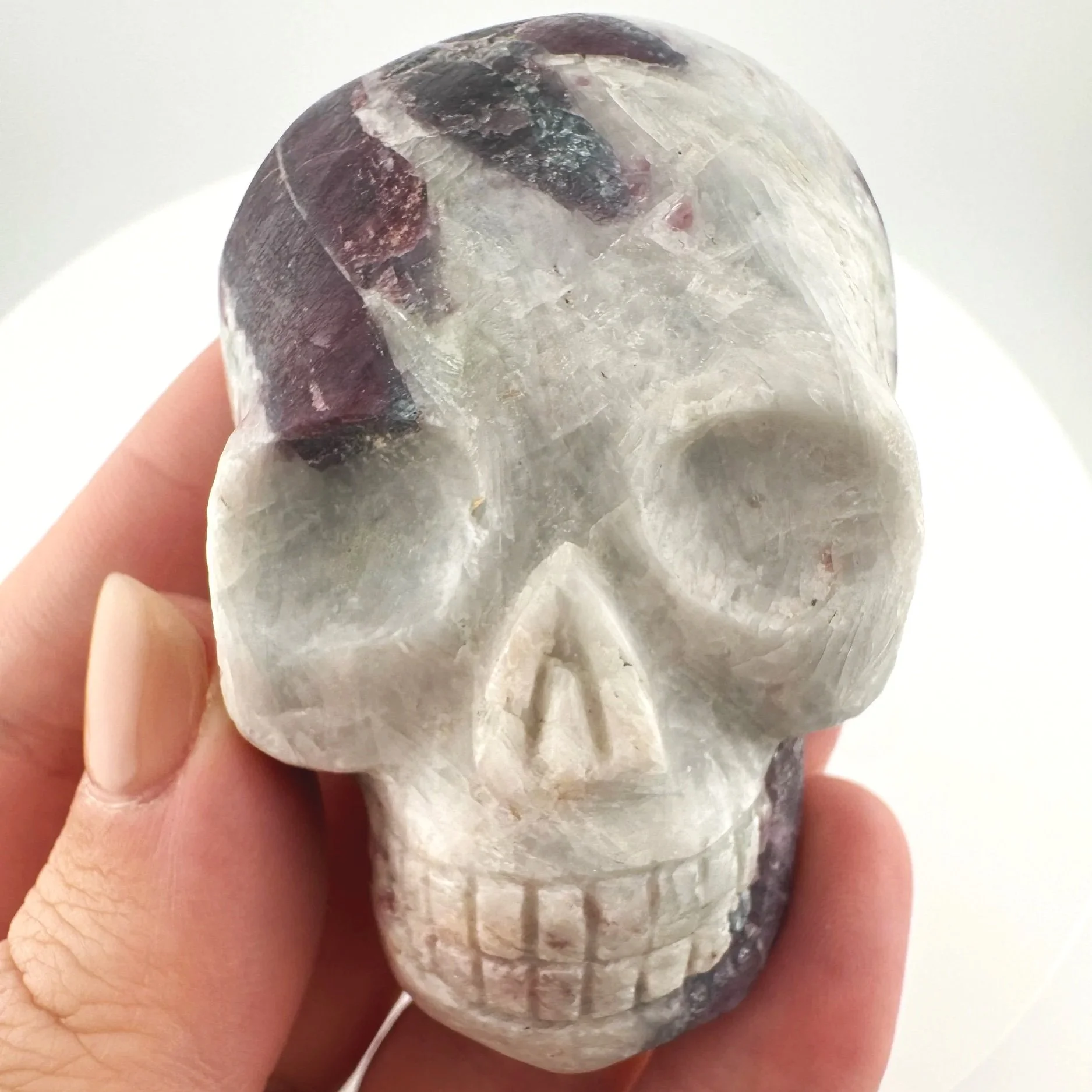 Leandro de Souza Pink and Blue Tourmaline in Feldspar Shaman Palm Skull
