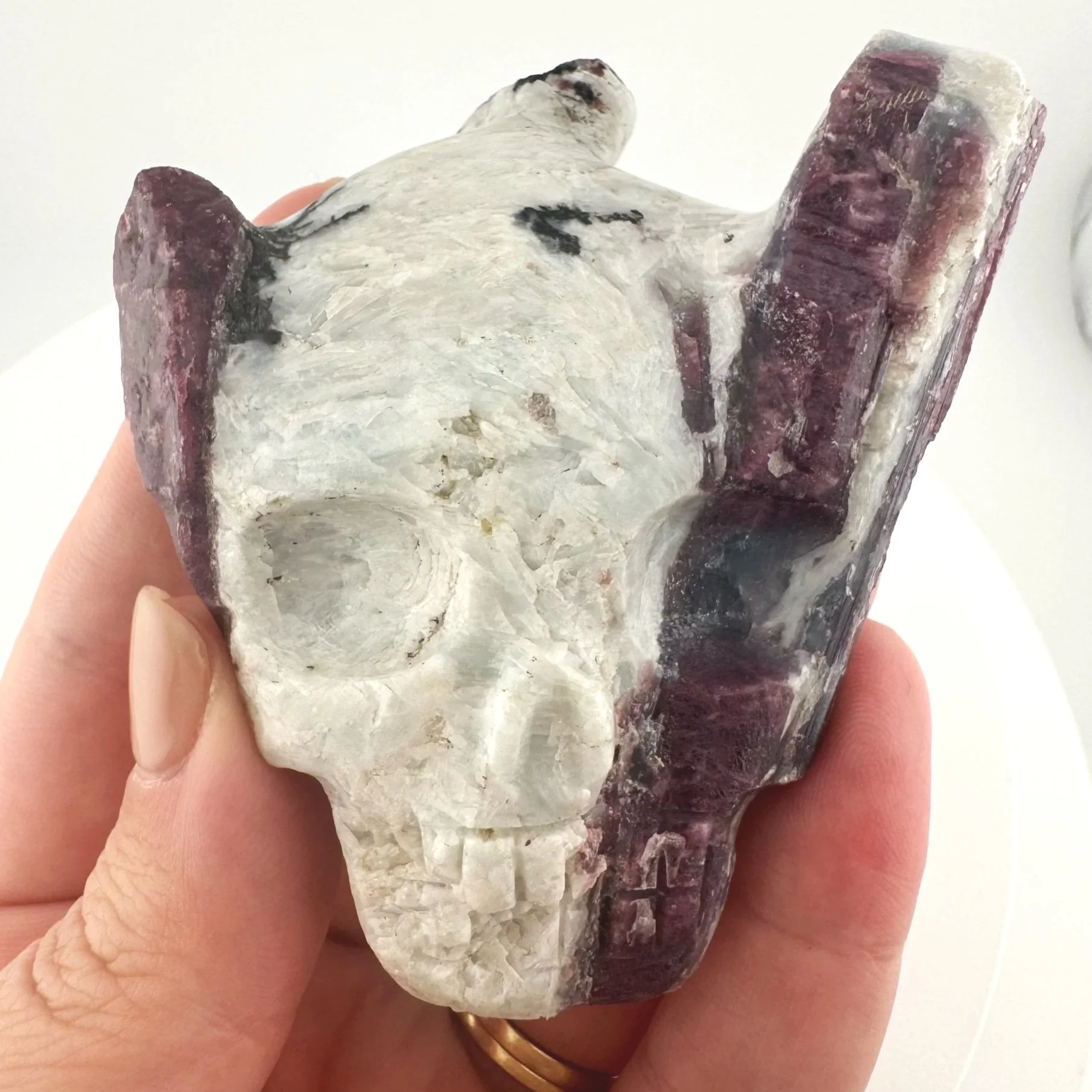 Leandro de Souza Pink Tourmaline in Feldspar Twin Flame Palm Skull