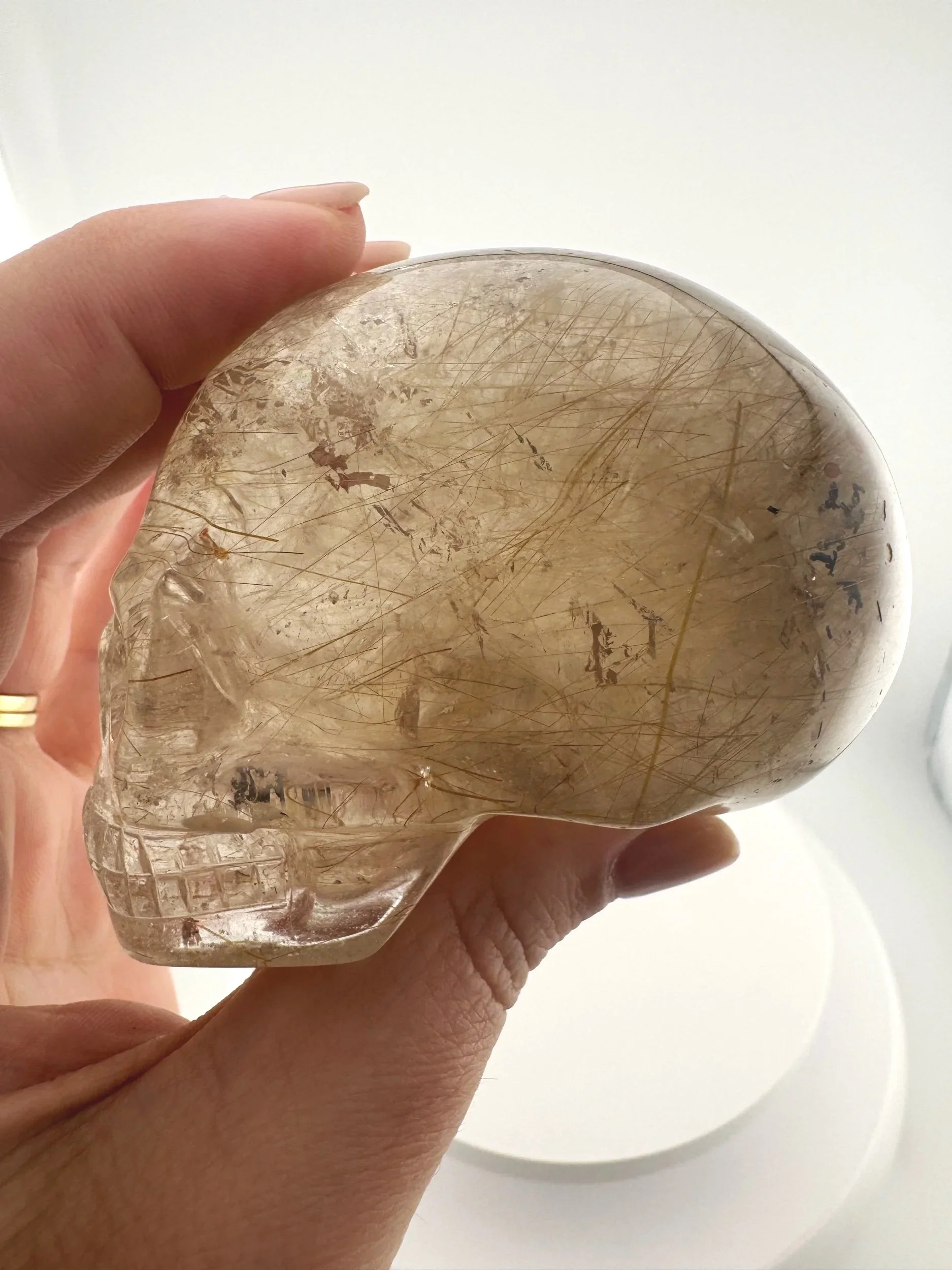 Leandro de Souza Golden Rutile in Smoky Quartz Mayan Skull