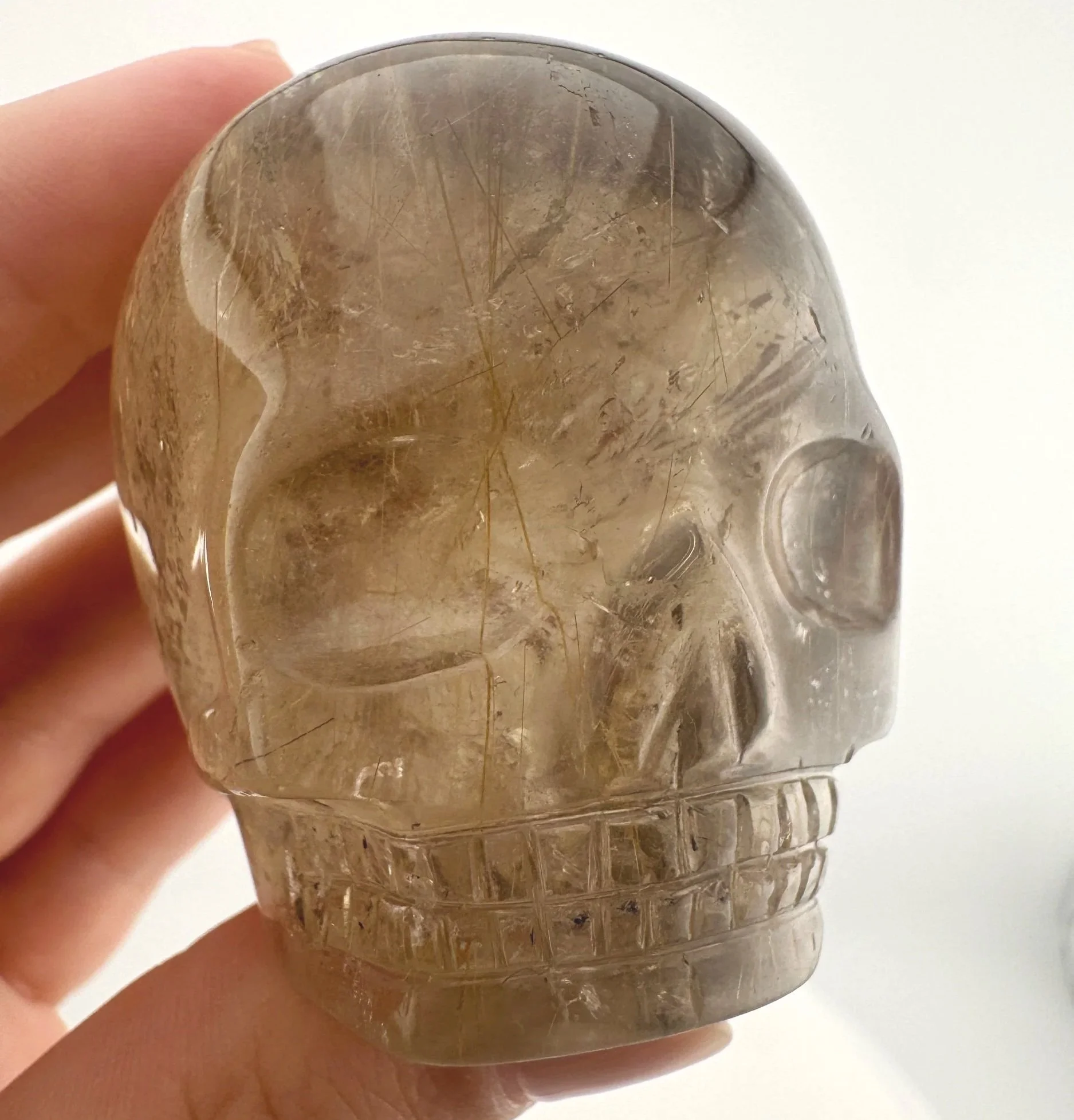 Leandro de Souza Golden Rutile in Smoky Quartz Magical Child Palm Skull