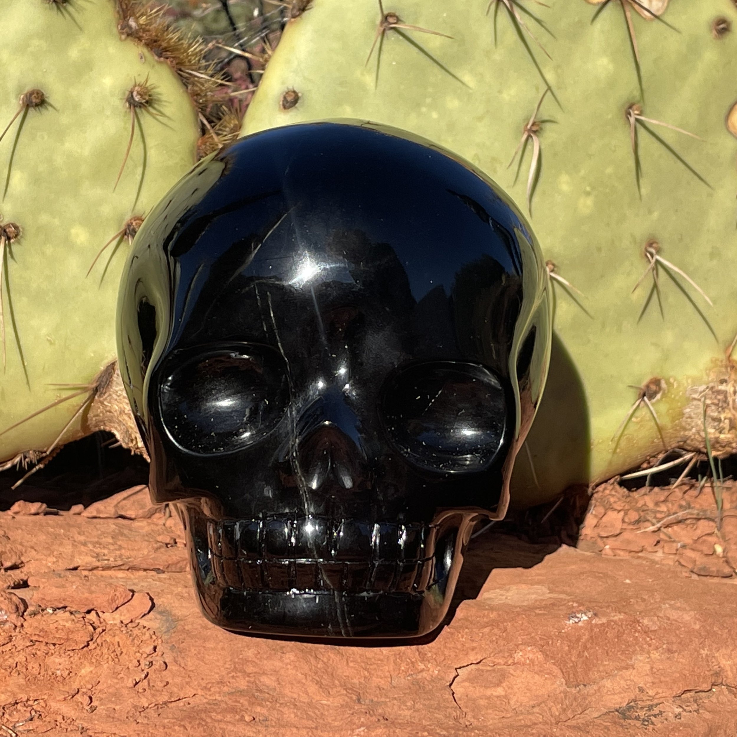 A shiny black obsidian Magical Child Skull carved by Leandro de Souza in 2021.