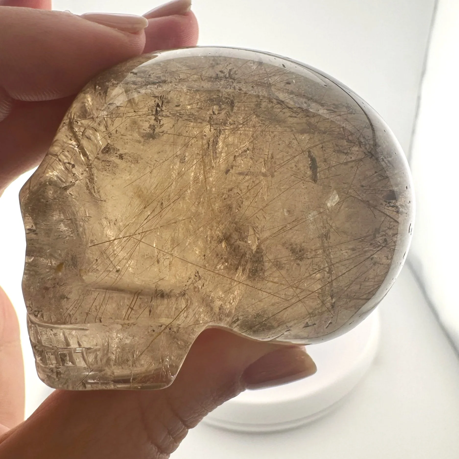 Leandro de Souza Golden Rutile in Smoky Quartz Mayan Skull