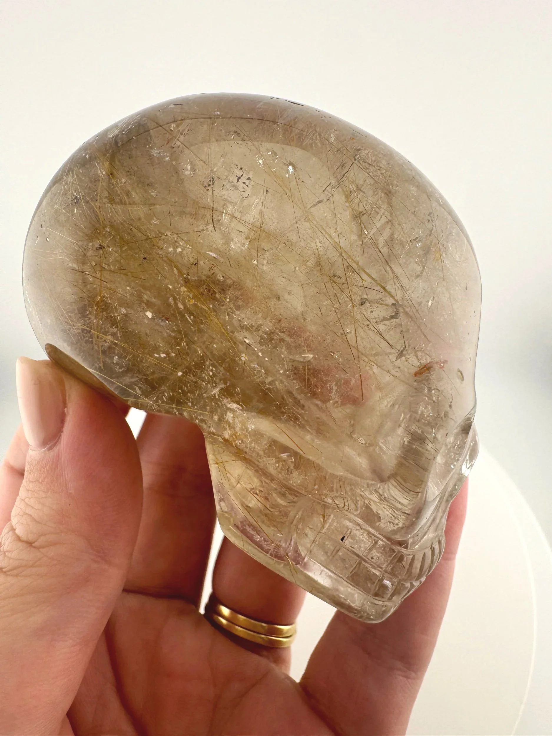Leandro de Souza Golden Rutile in Smoky Quartz Mayan Skull