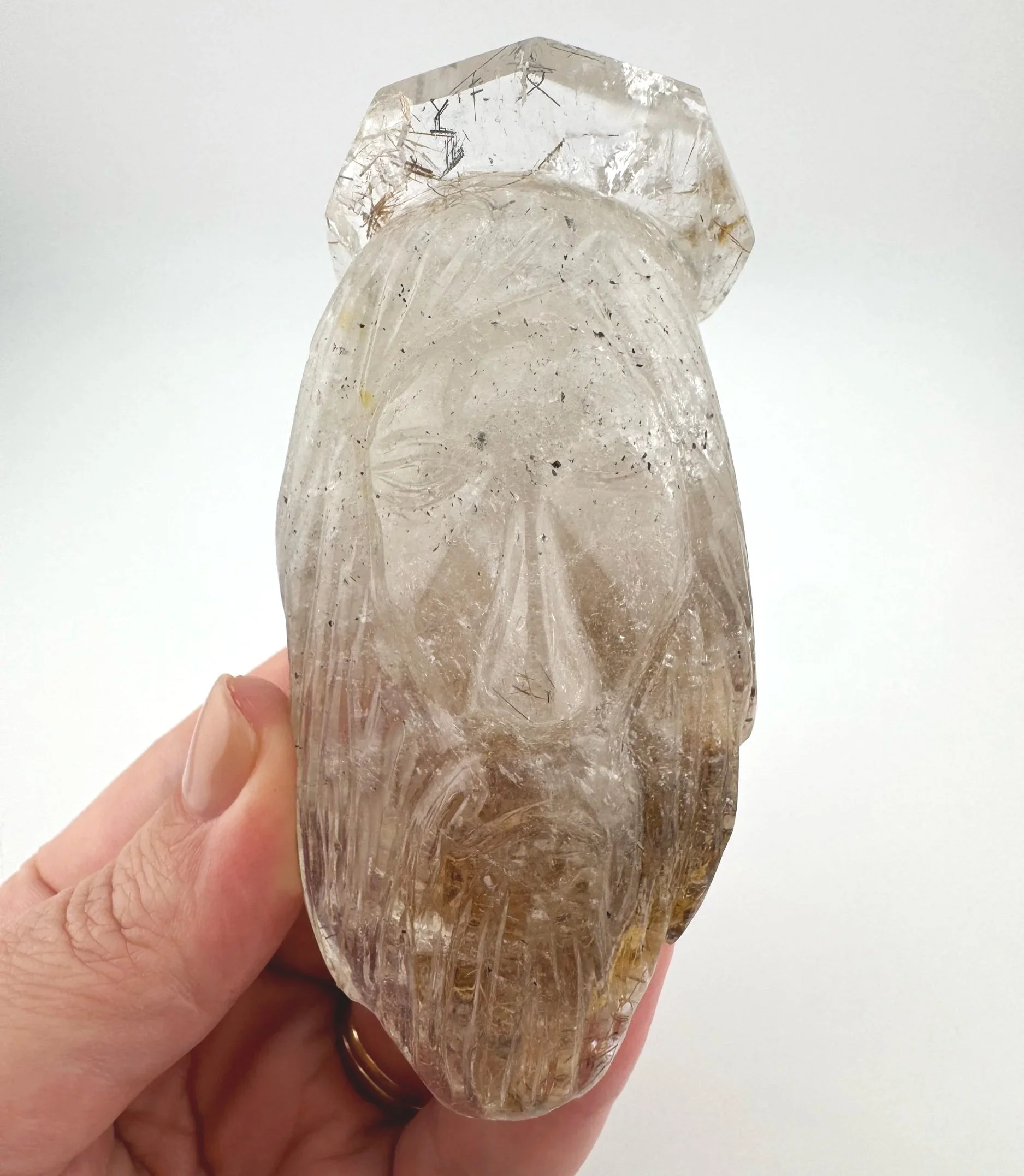 Leandro de Souza Brookite Rutile in Quartz Jesus Carving