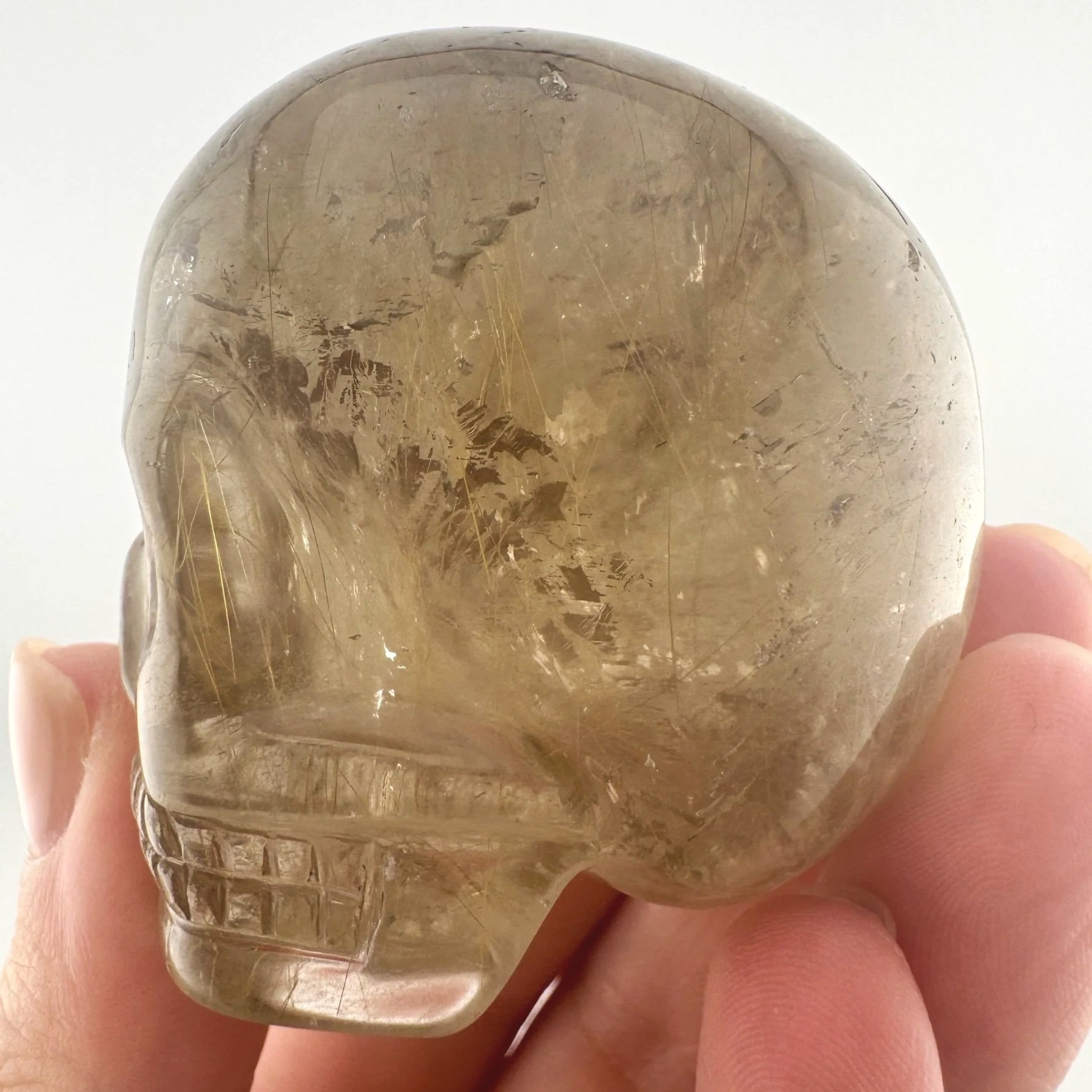 Leandro de Souza Golden Rutile in Smoky Quartz Magical Child Palm Skull