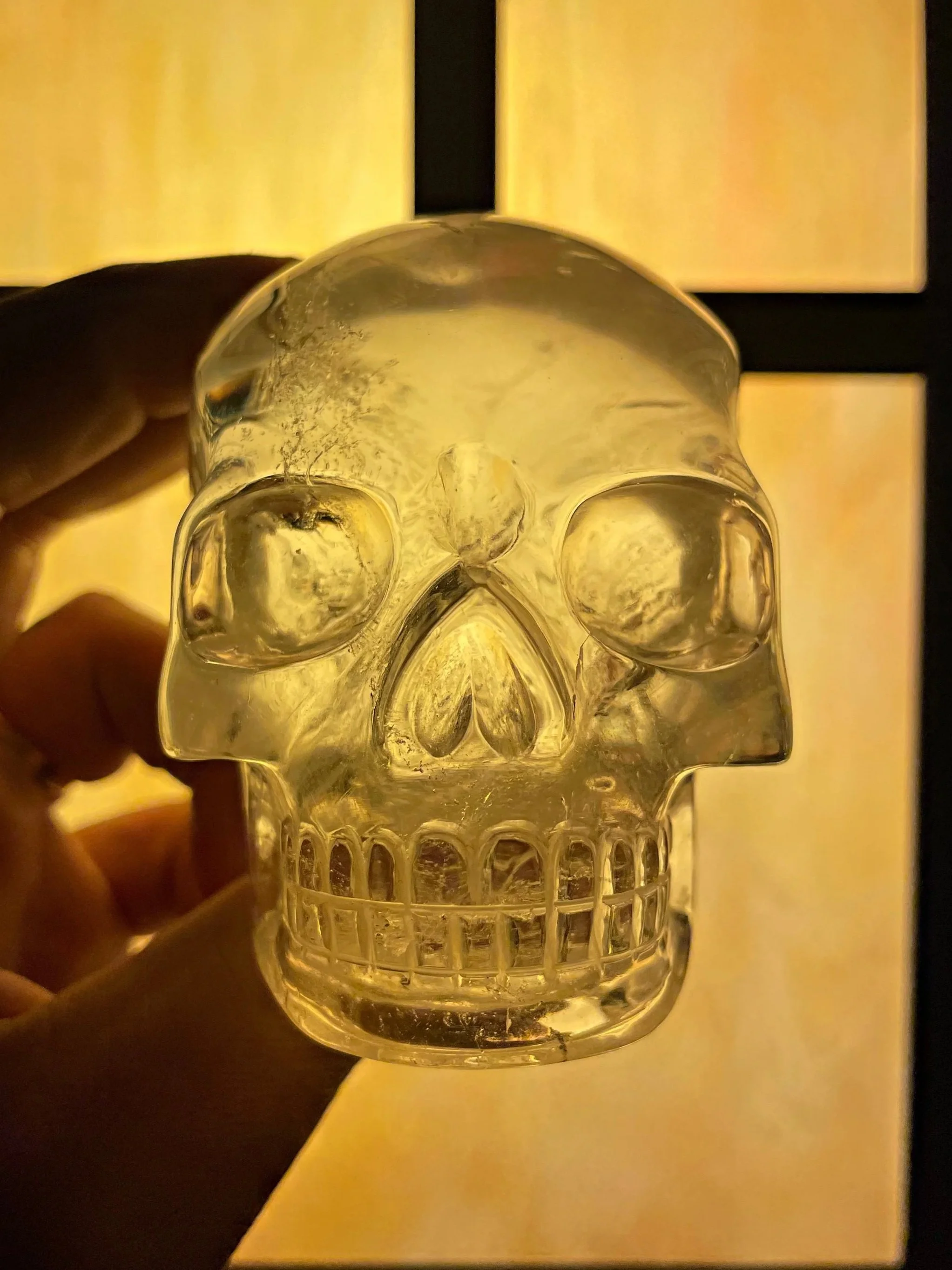 A clear glass skull-shaped container with ice cubes inside, being held by a hand against a white background.