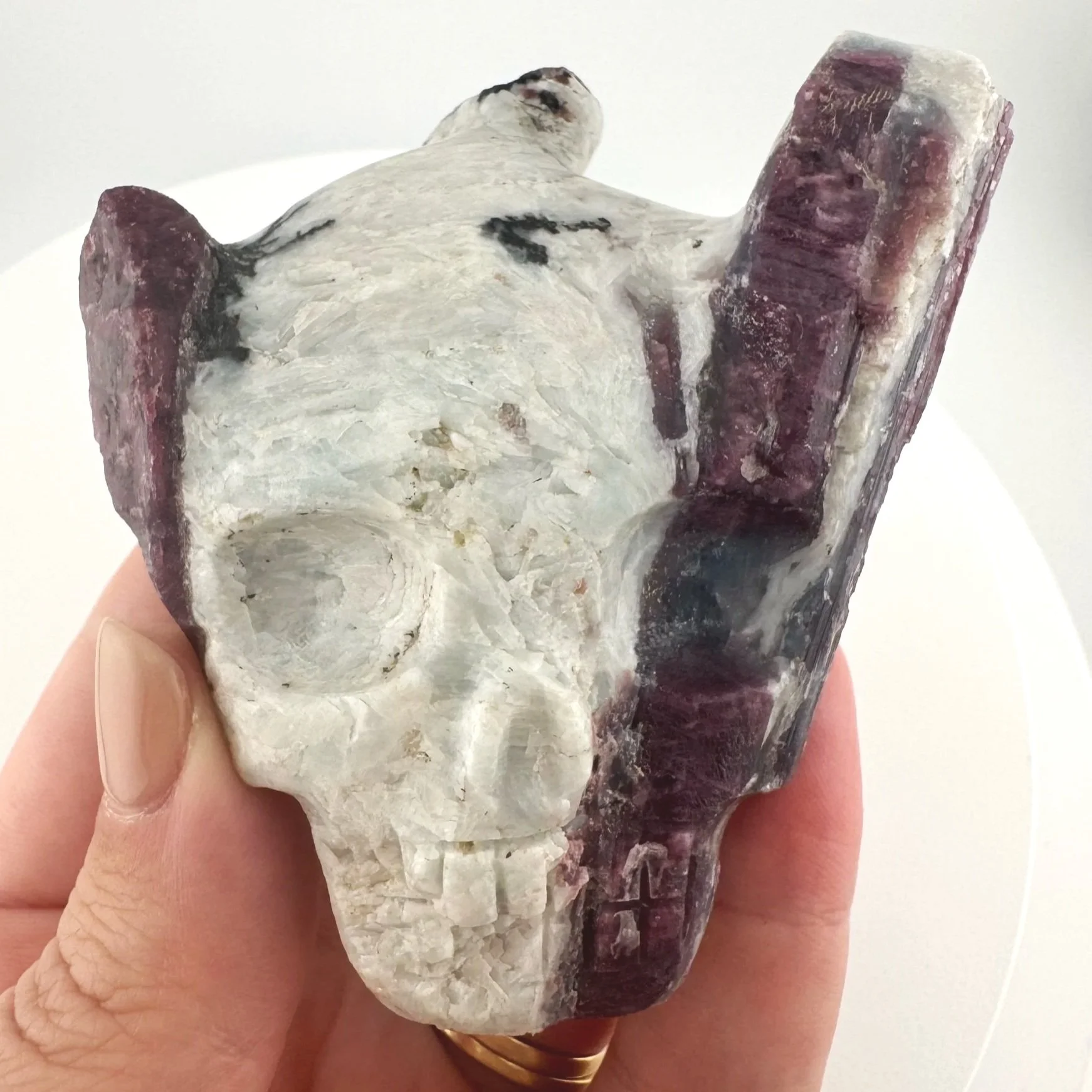 Leandro de Souza Pink Tourmaline in Feldspar Twin Flame Palm Skull