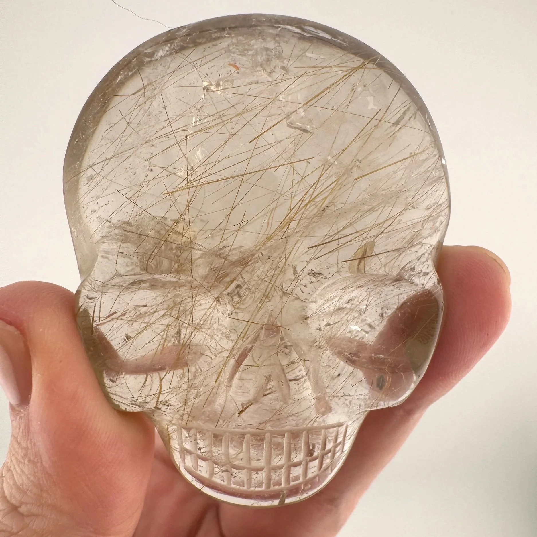 Leandro de Souza Golden Rutile in Quartz Magical Child Palm Skull