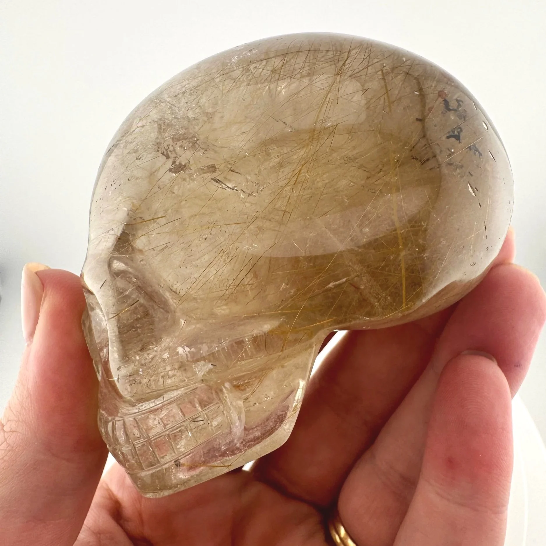 Leandro de Souza Golden Rutile in Smoky Quartz Mayan Skull