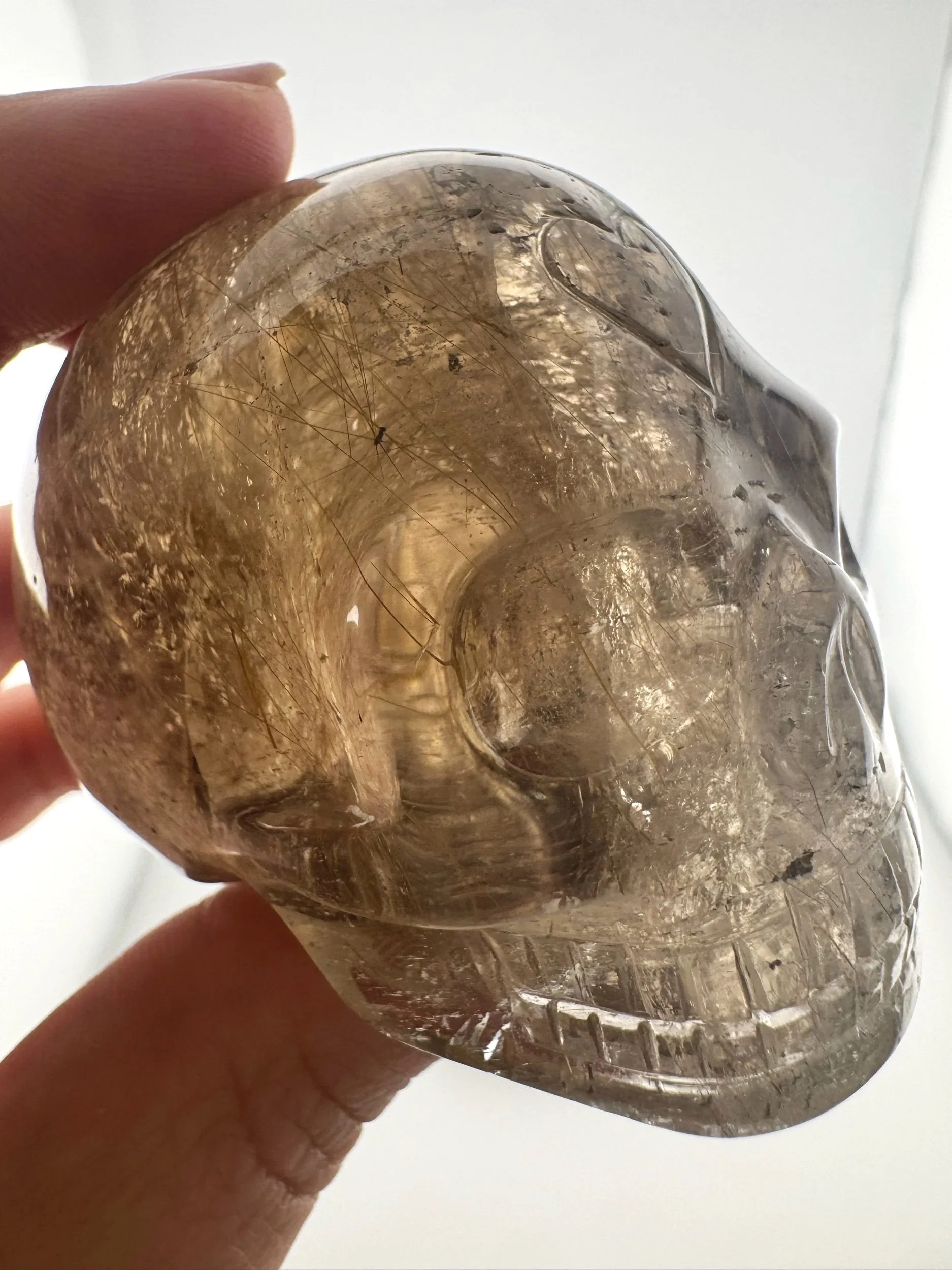 Leandro de Souza Golden Rutile in Smoky Quartz Mayan Skull