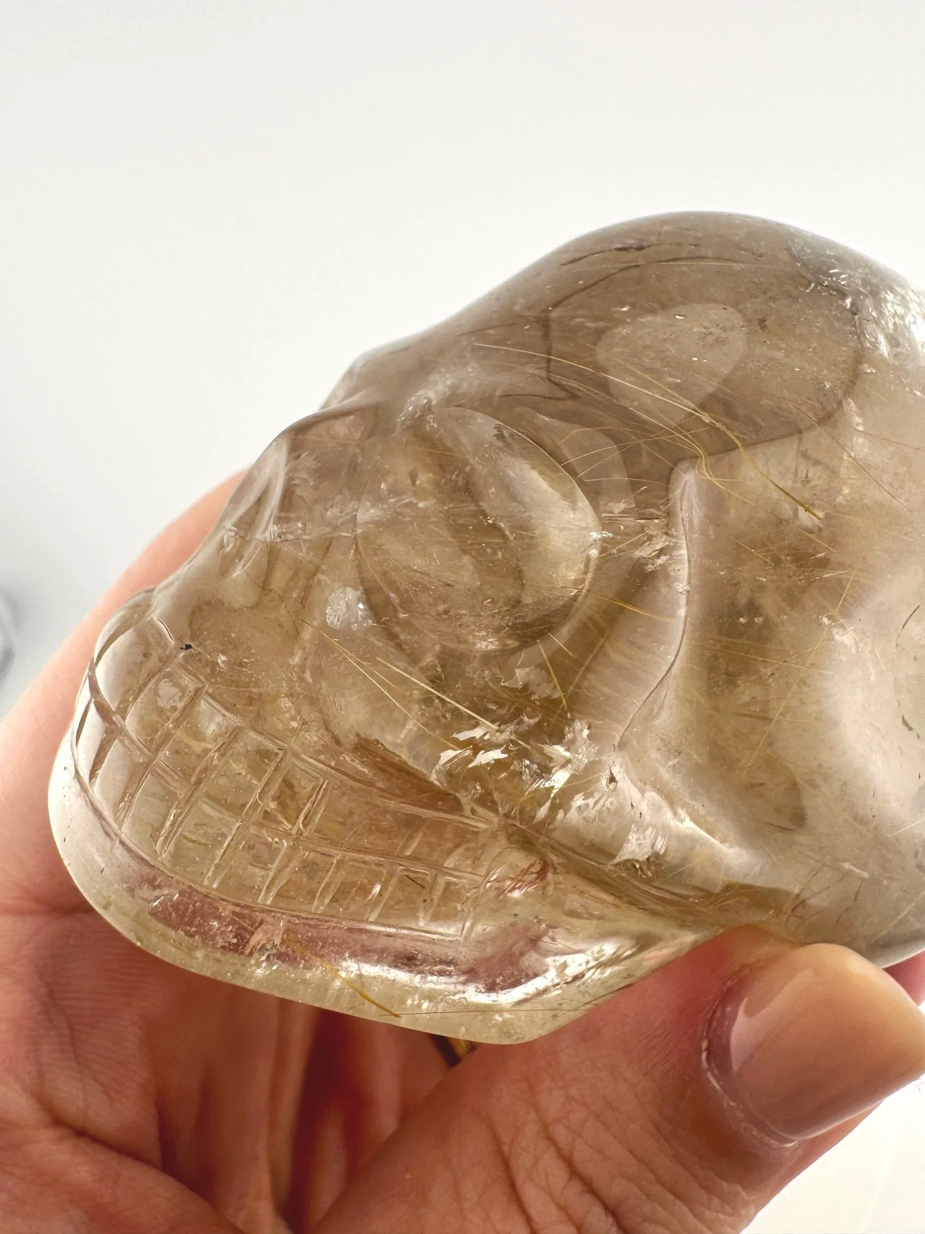 Leandro de Souza Golden Rutile in Smoky Quartz Mayan Skull