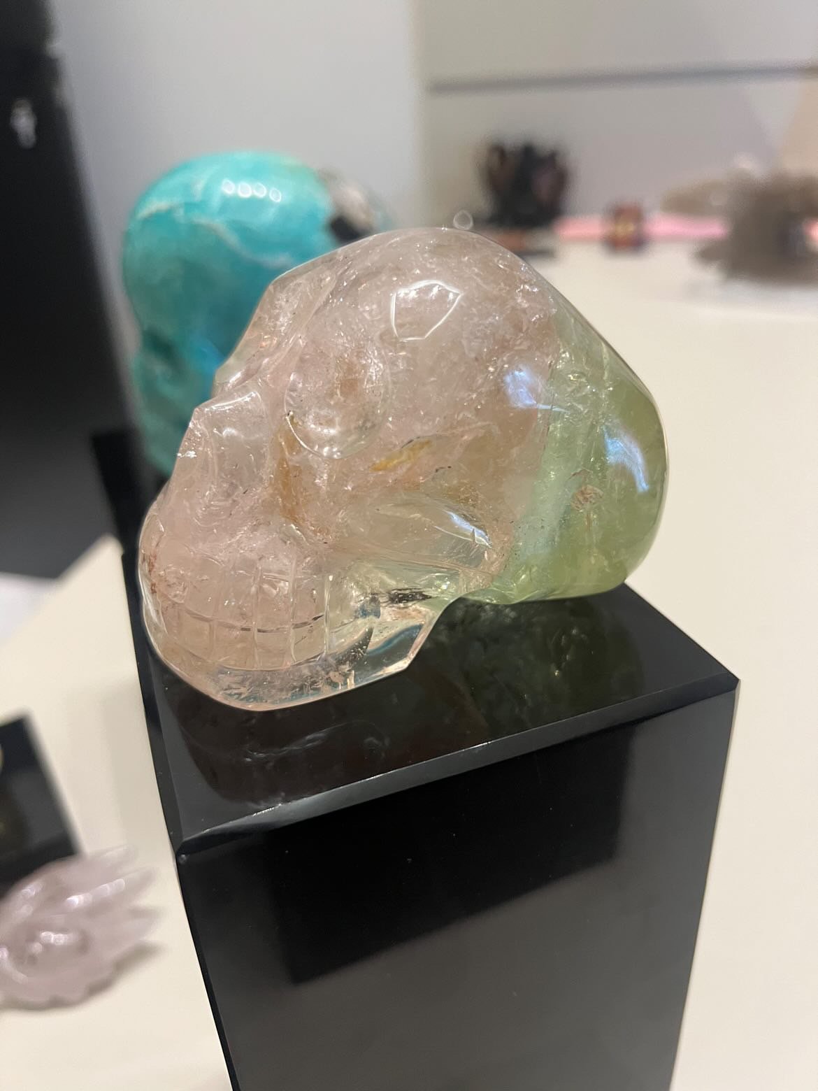 Bi-Color Morganite and Aquamarine Bizoin Skull carved by Leandro de Souza in 2024.