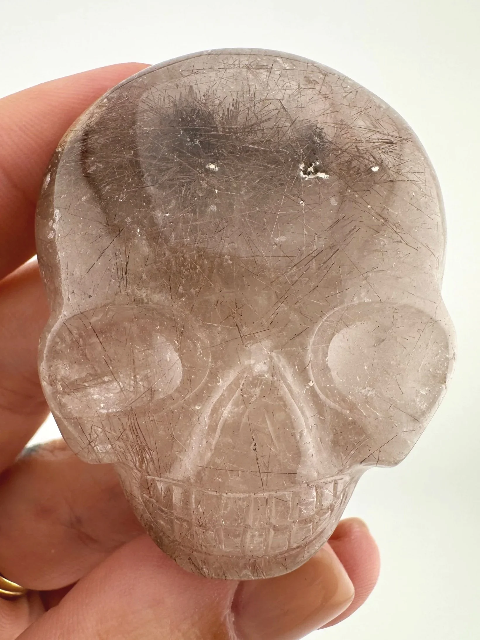 Leandro de Souza Red Rutile in Quartz Palm Skull