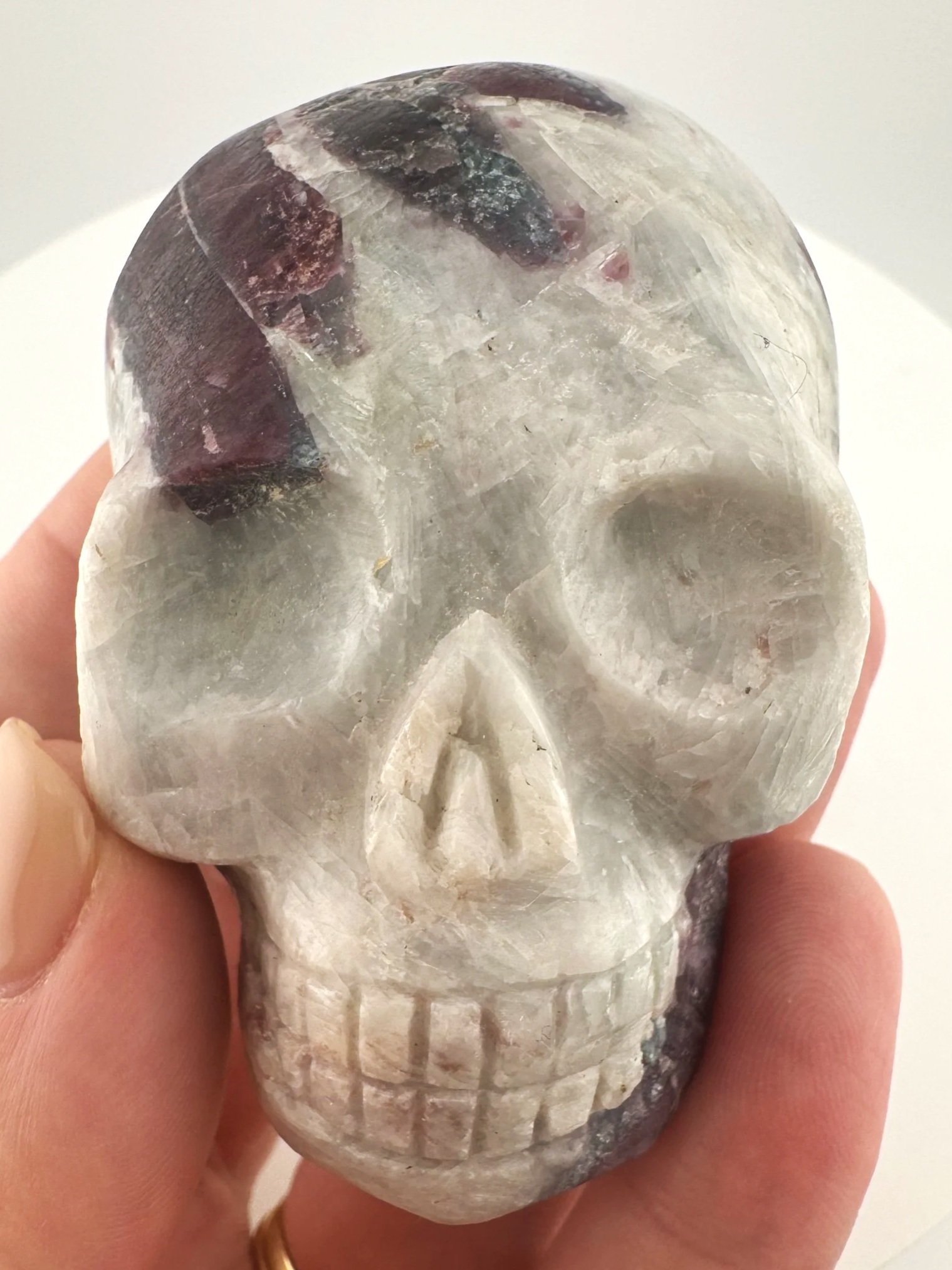 Leandro de Souza Pink and Blue Tourmaline in Feldspar Shaman Palm Skull