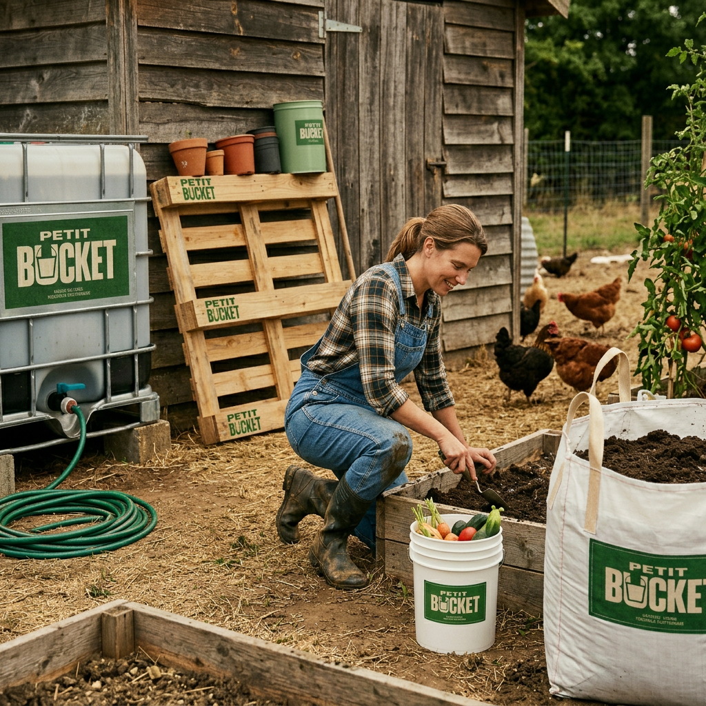 Une femme en vêtements de travail, en train de jardiner dans un jardin potager avec des poules en arrière-plan, devant une petite cabane en bois, avec des bacs et des sacs de terre portant le logo 'Petit Bucket'.