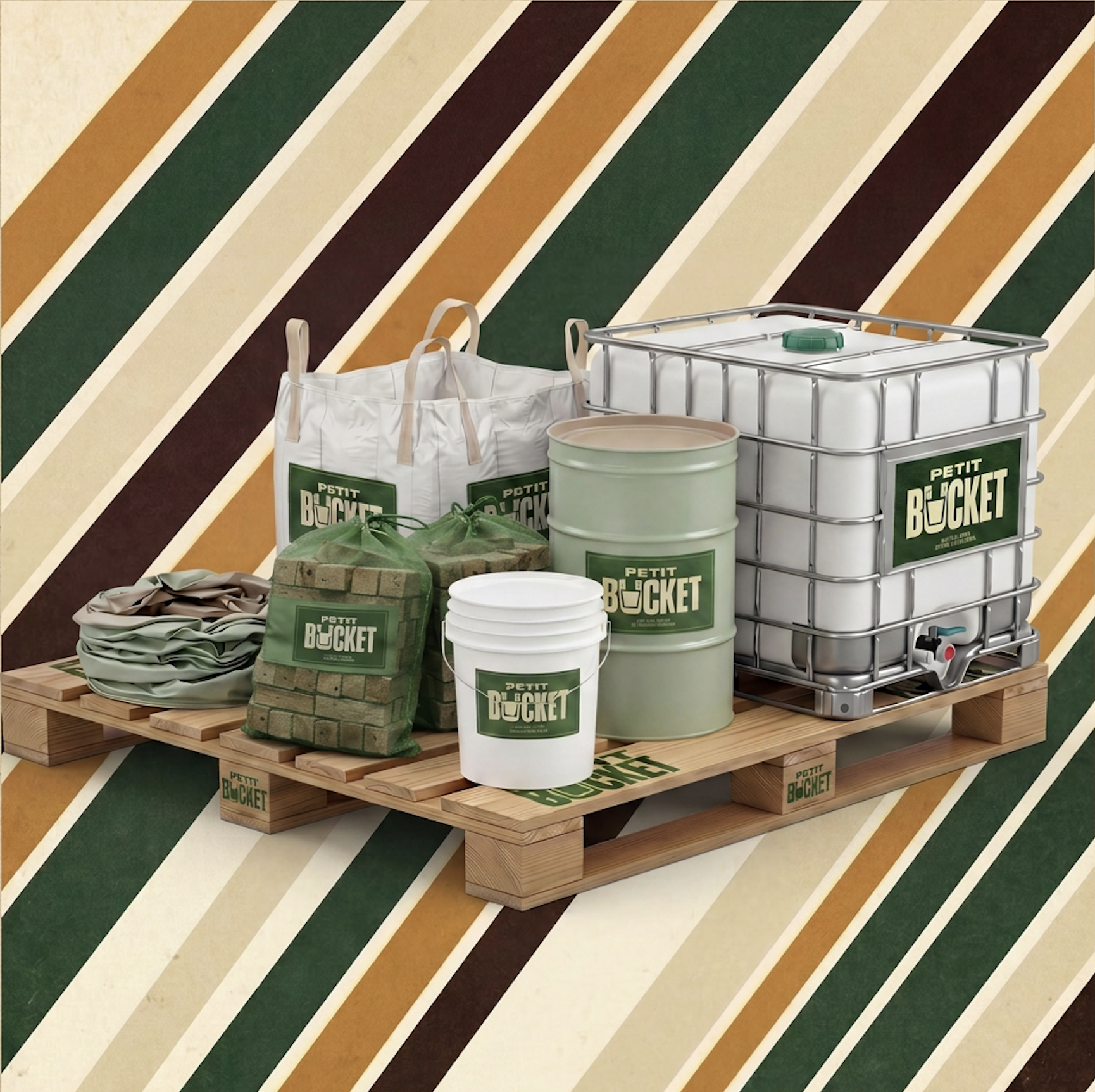 Inventaire complet Petit Bucket — réservoir IBC 1000L, baril en métal, sac Big Bags 4-anses, seau plastique 5 gallons, bois d'allumage en filet et acier récupéré, sur palette de bois, matériel industriel usagé à vendre au Québec.