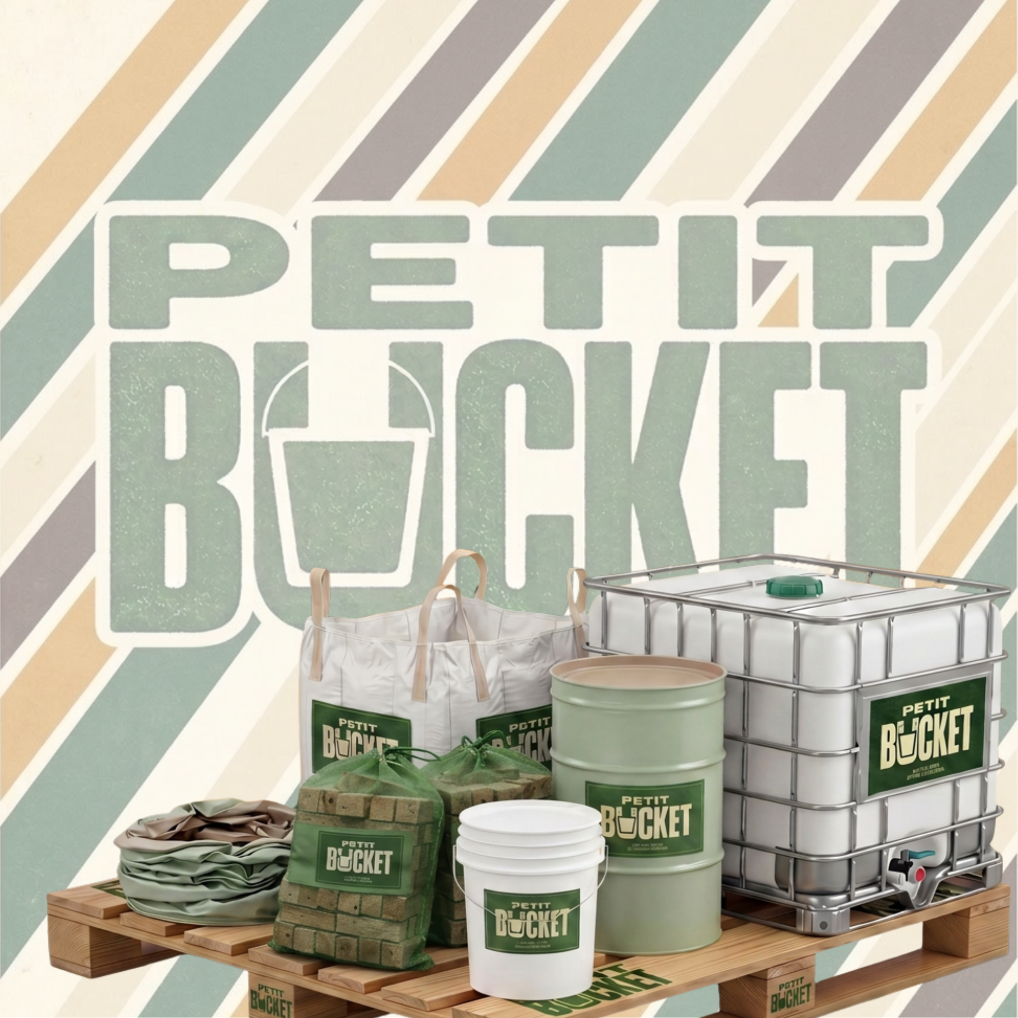 Inventaire complet Petit Bucket — réservoir IBC 1000L, baril en métal, sac Big Bags 4-anses, seau plastique 5 gallons, bois d'allumage en filet et acier récupéré, sur palette de bois, matériel industriel usagé à vendre au Québec