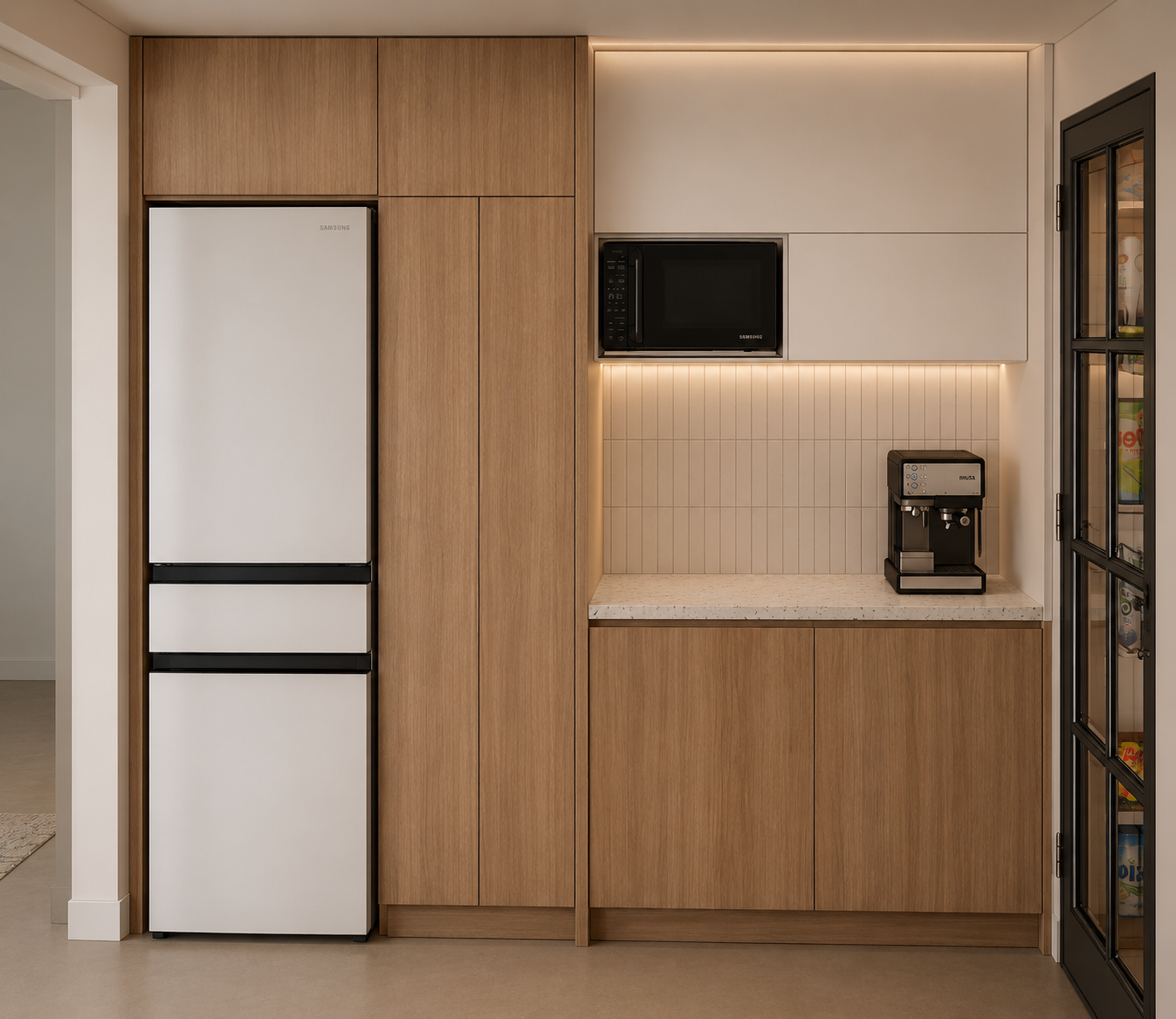 Cocina moderna con nevera blanca, microondas negro, máquina de espresso en una encimera de granito, armarios de madera y una pared decorativa con iluminación.