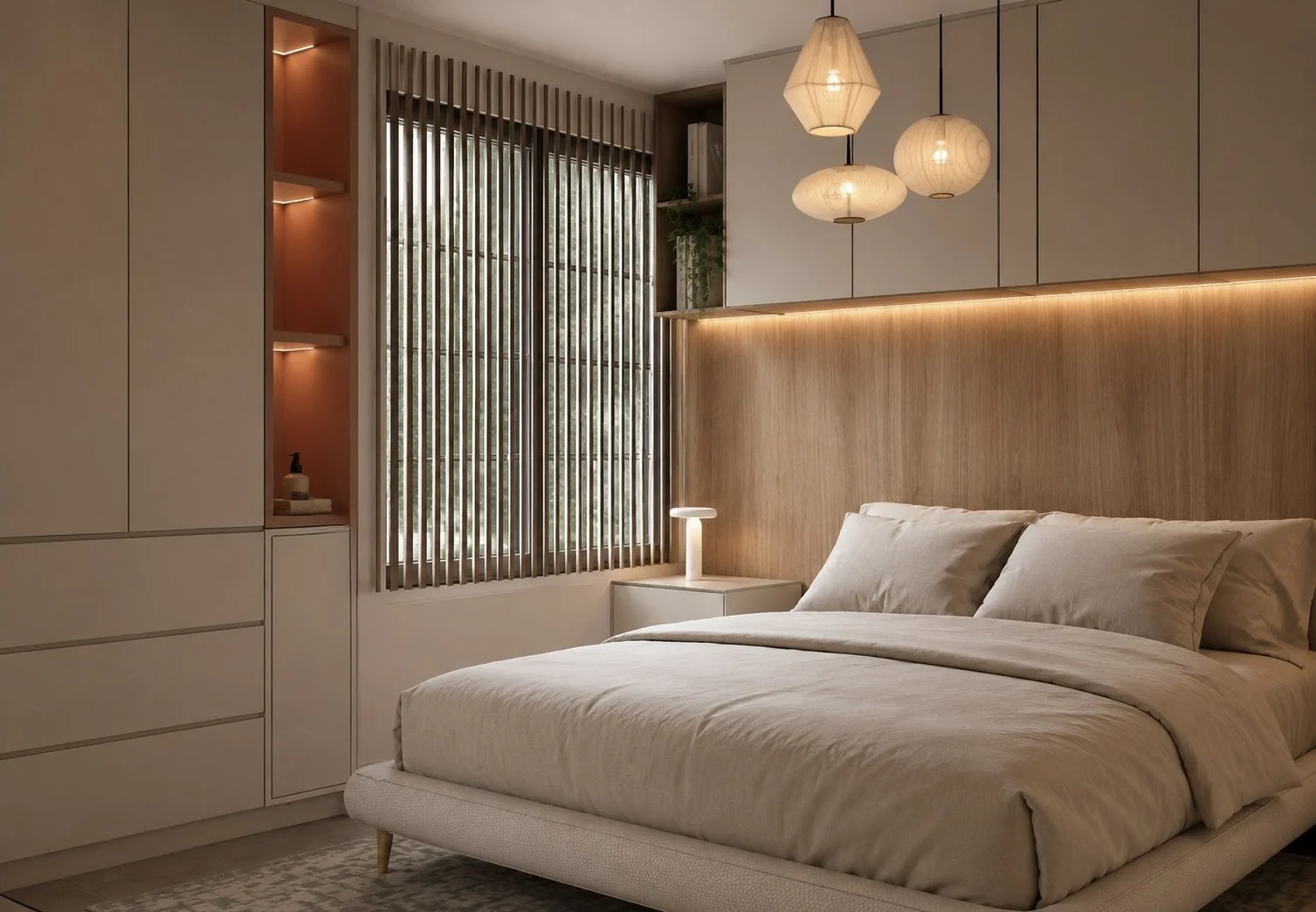 Recámara moderna con cama king size, paredes de madera, iluminación cálida y lámparas colgantes de papel, ventana con persianas de madera.
