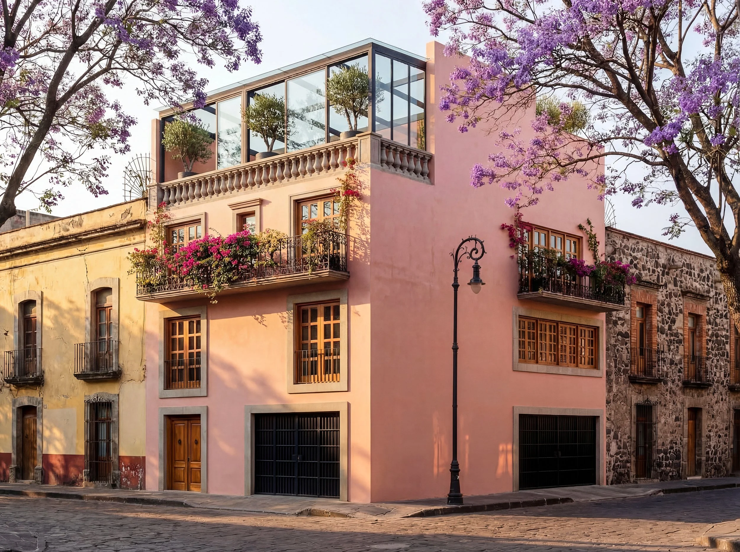 Edificio de color rosa con fachadas de piedra, ventanas con rejas de metal y plantas decorativas en balcones, rodeado de árboles de flores moradas y morrones, en una calle empedrada con poste de luz.