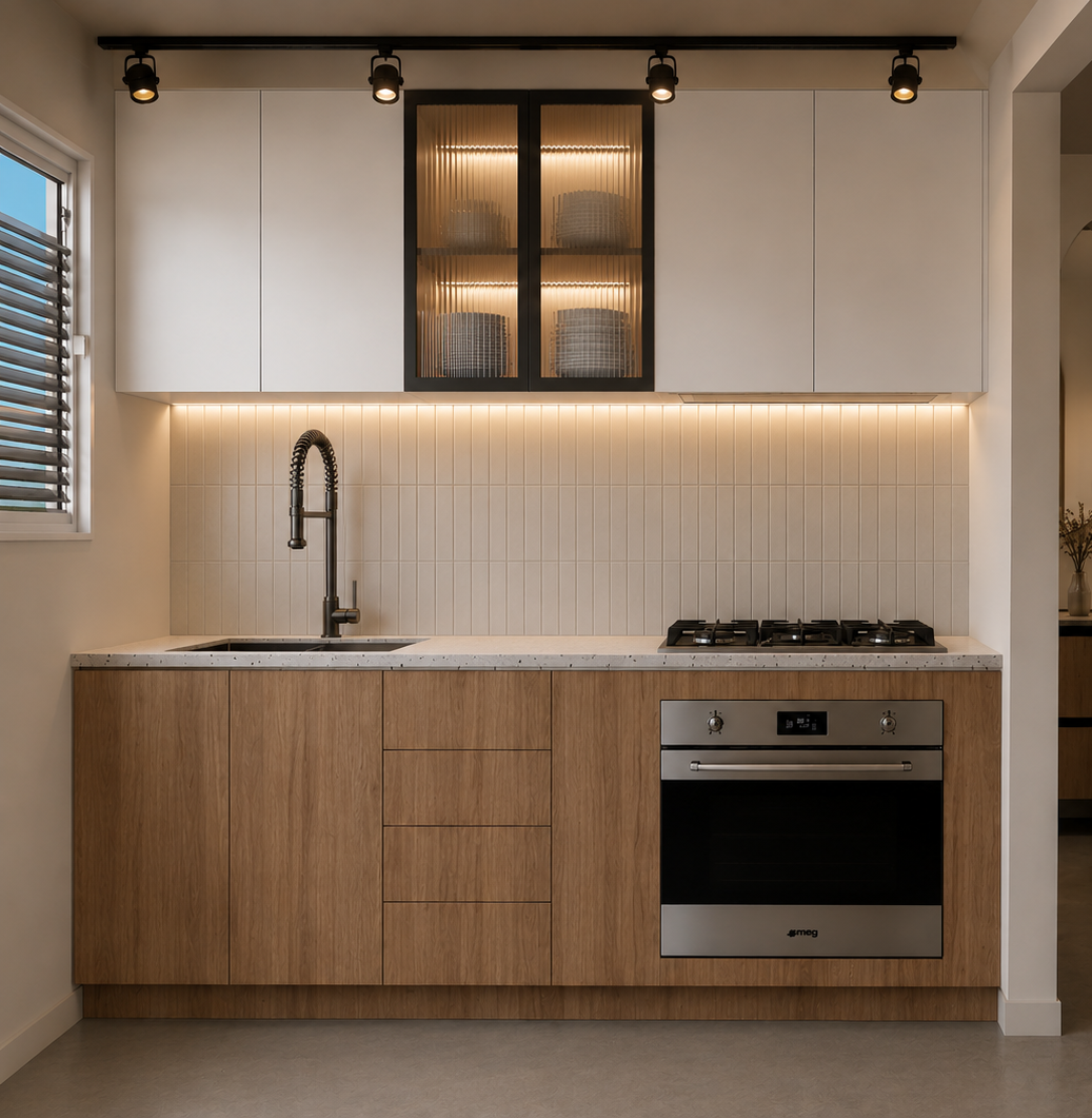 Cocina moderna con gabinetes blancos y de madera, estufa de gas y horno de acero inoxidable, estantería con cristalería y platos en la parte superior, iluminación LED debajo de los gabinetes y lámparas negras en el techo, ventana con persianas.