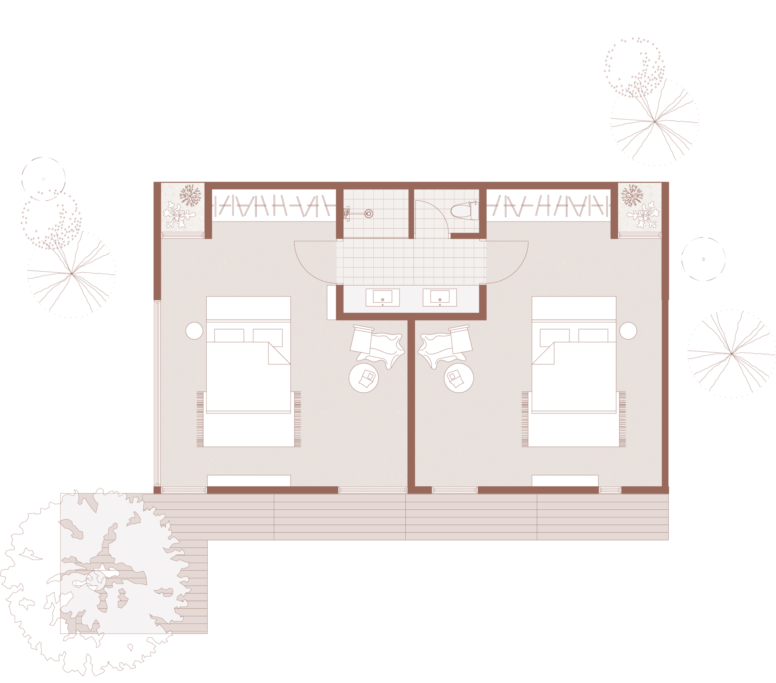 Plano de un gimnasio con áreas de entrenamiento, espejos, separaciones y decoraciones navideñas, rodeado de árboles y paisaje exterior.