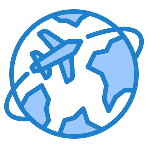 Icon of an airplane flying around a globe, representing travel or worldwide flight. Travel icon.