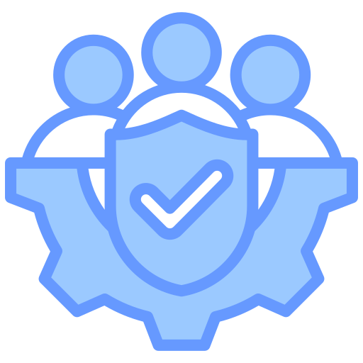 Icon of three people standing behind a gear and shield with a check mark, symbolizing security or protection.