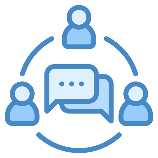 Icon of three people connected around a speech bubble, representing communication or teamwork.