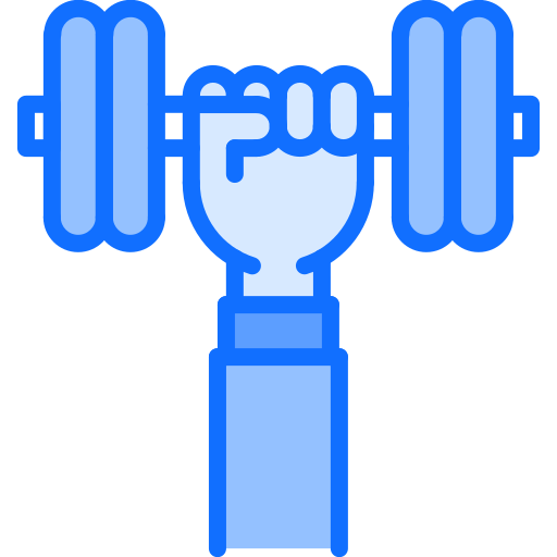A blue line art illustration of a hand holding a dumbbell. Fitness icon