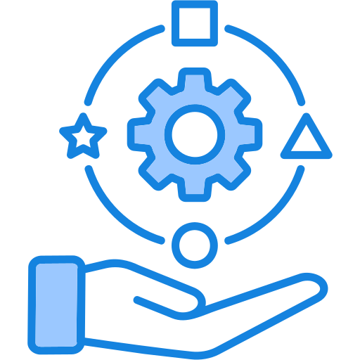 Outline of a hand holding a gear with surrounding shapes and symbols, representing process or technology management.