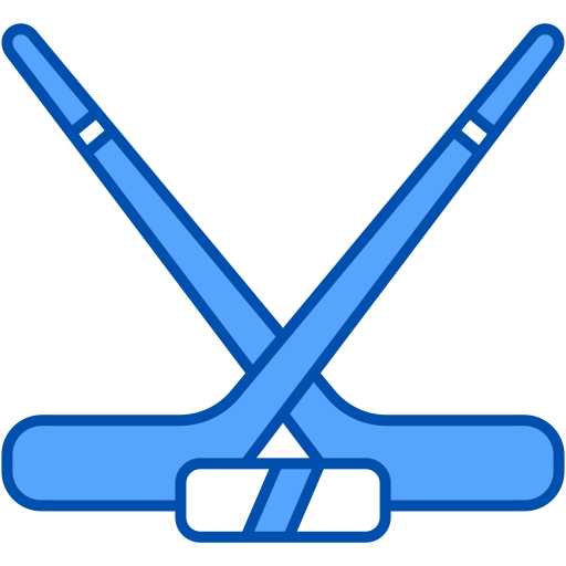 Two blue hockey sticks crossed on a hockey puck. Sports icon.