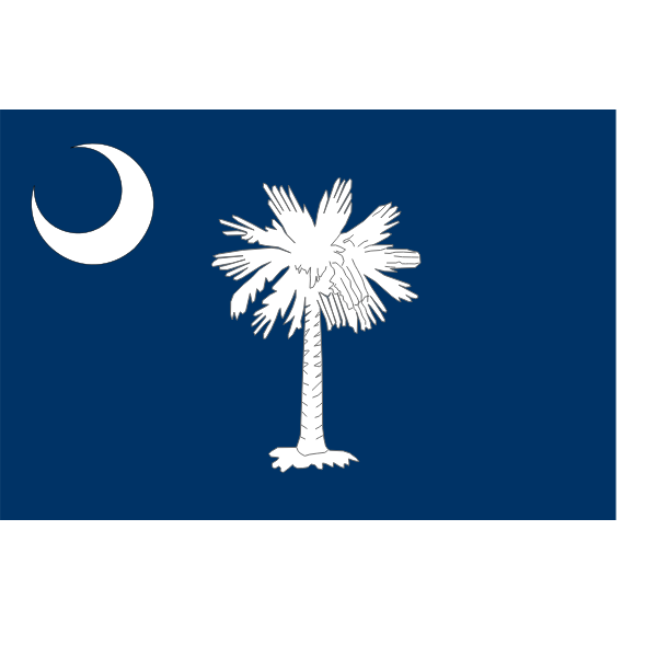 South Carolina state flag with a crescent moon, a white palmetto tree, and a blue background.