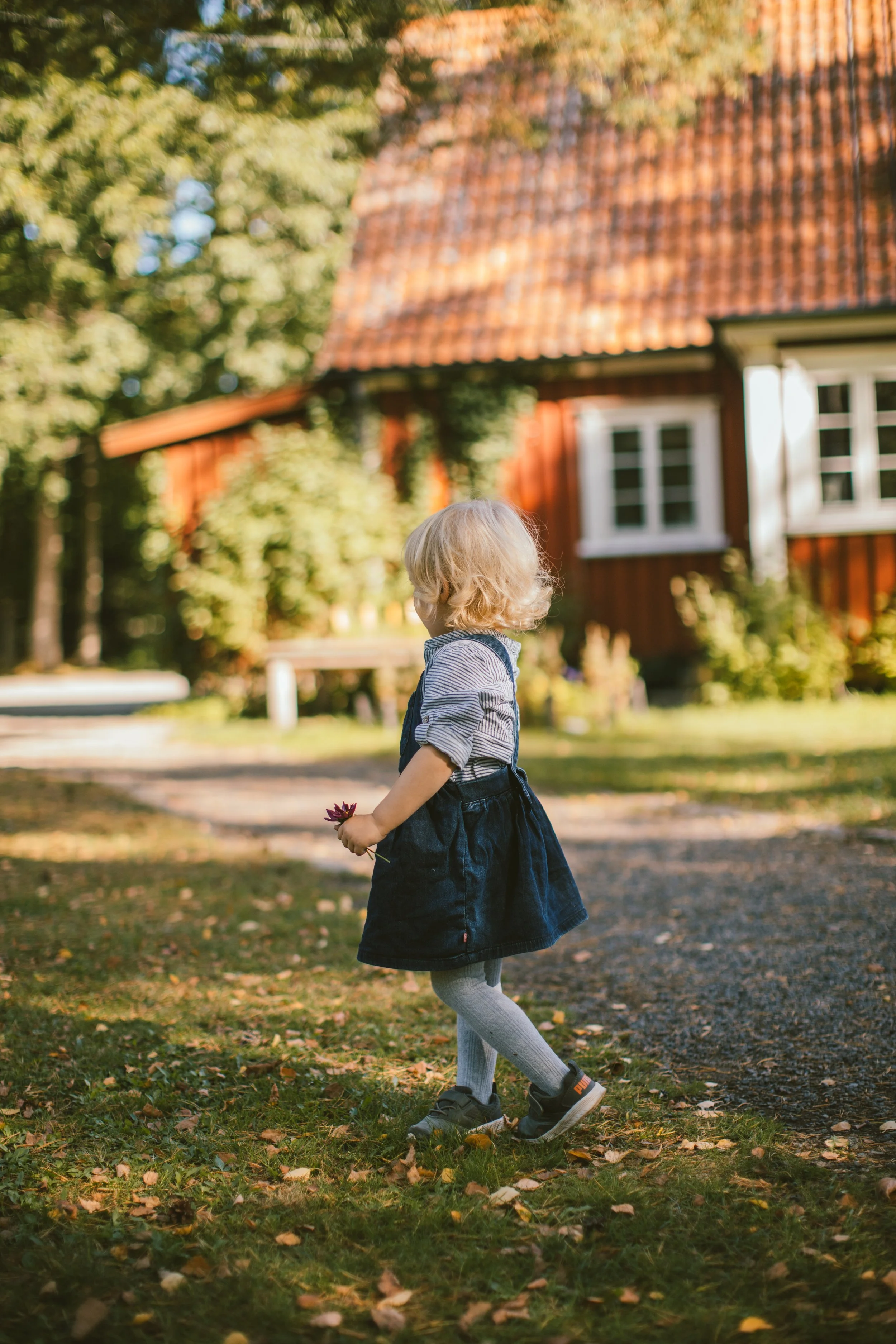 En liten flicka med blont hår går på en stig i en park, omgiven av löv och träd, med en röd trähus i bakgrunden.
