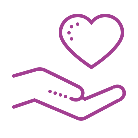 Outline of a hand holding a heart, drawn with purple lines.
