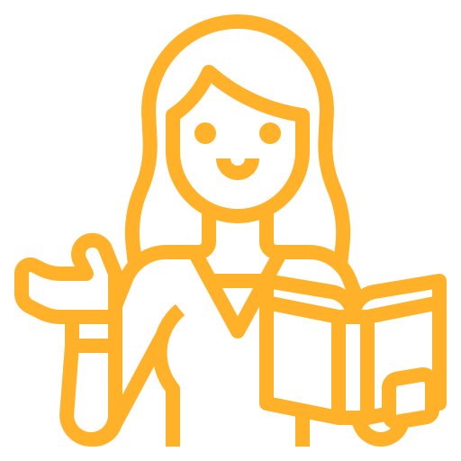 Line drawing of a woman holding a book in one hand and gesturing with the other, smiling.