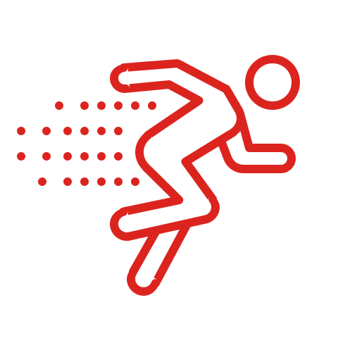 Red outline icon of a person running fast, with dotted lines indicating motion to the left.
