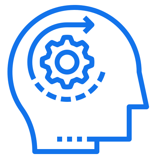 Outline of a human head with a gear and arrow inside, symbolizing thinking or mental process.