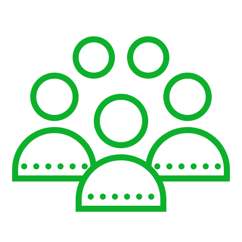 Icon of a group of six people with the central figure larger, representing a team or community.