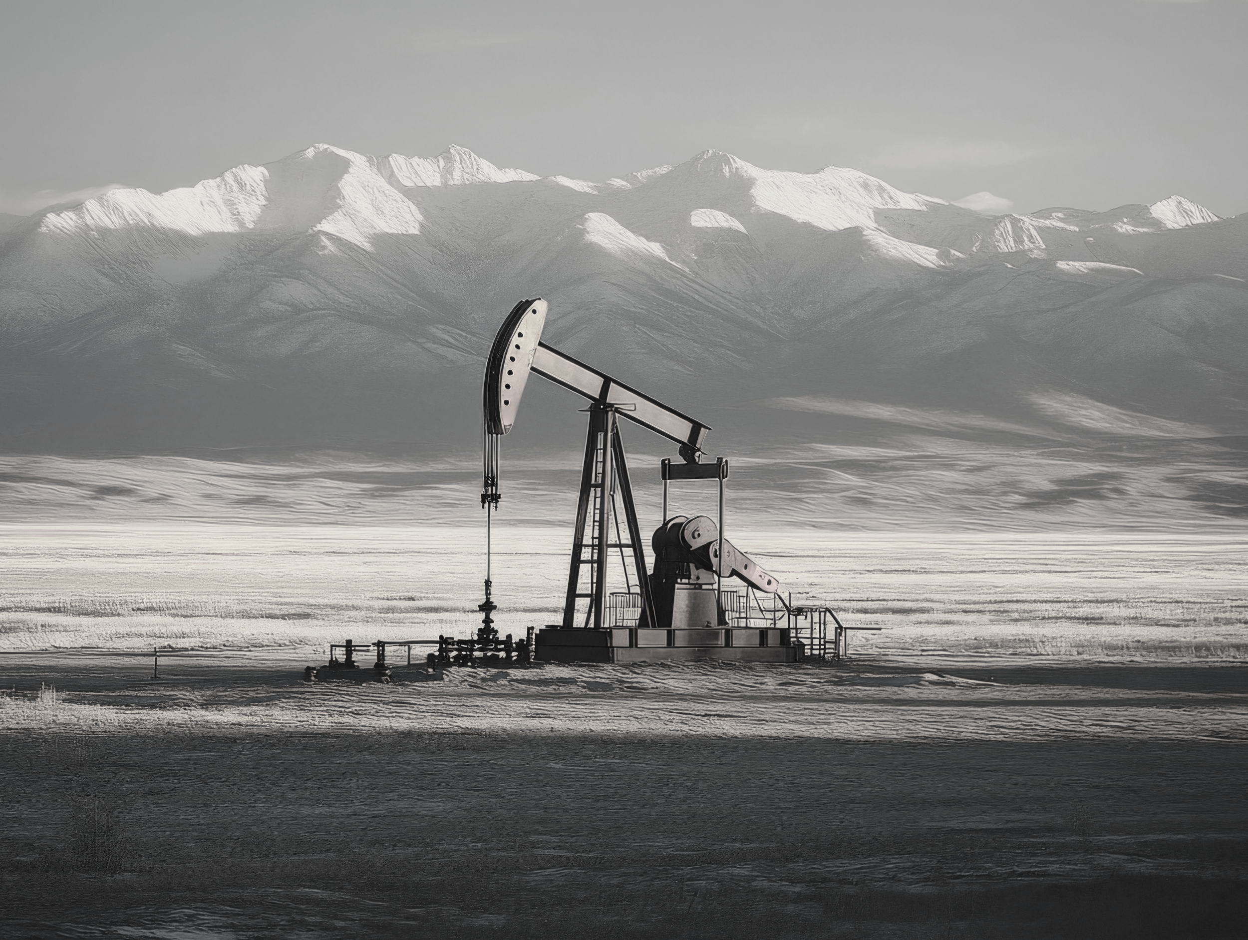 Pump Jack on the prairies with a view of the Rocky Mountains