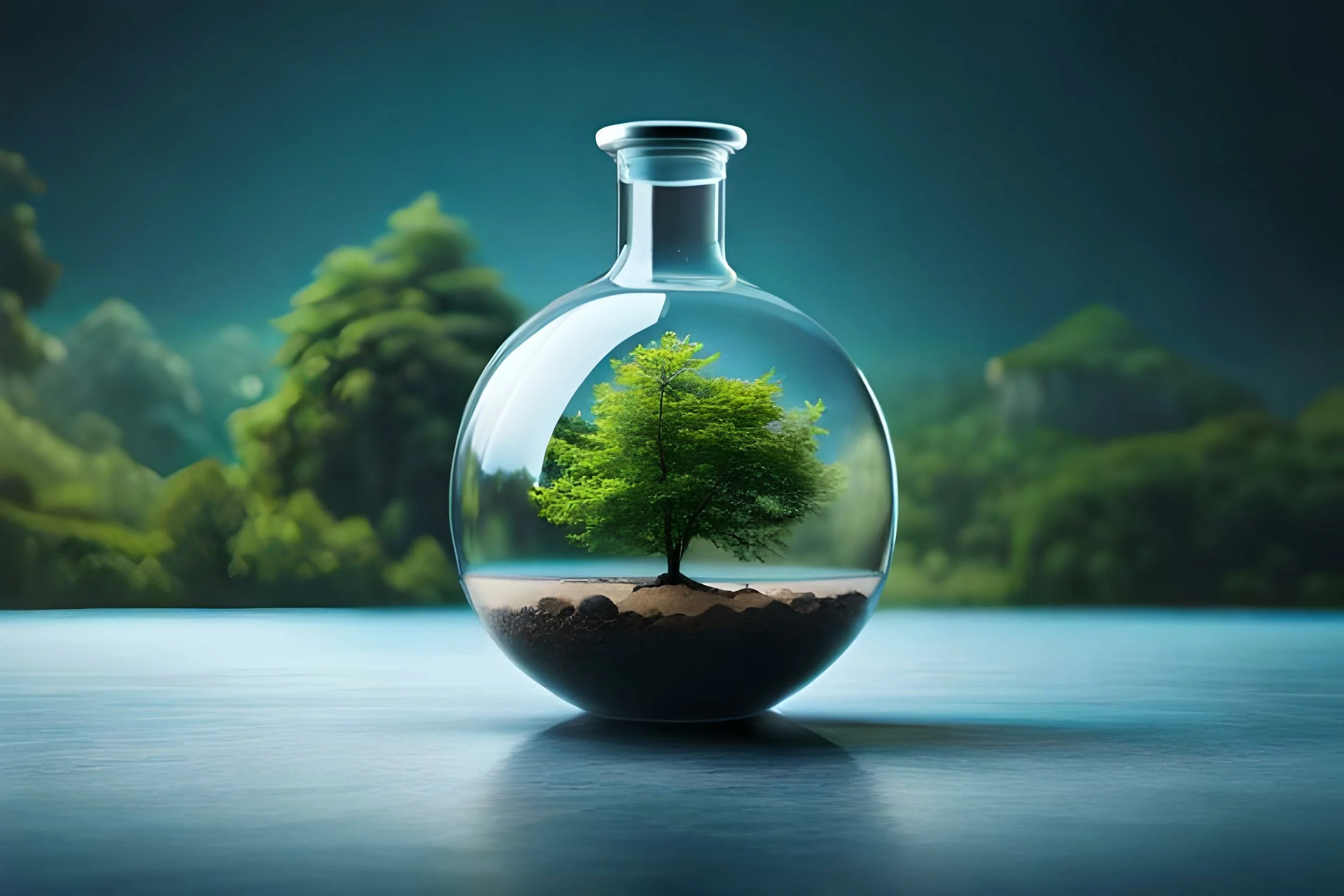 A glass vial containing a small tree with green leaves, set against a background of blurred green trees.