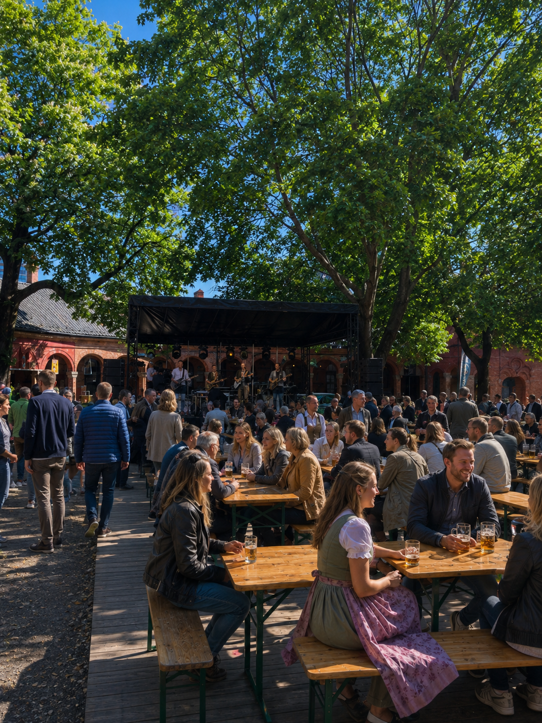 Bilde av Oktoberfest i Oslo bak Domkirkeparken - Kirkeristen - konsert, lange bord og mennesker
