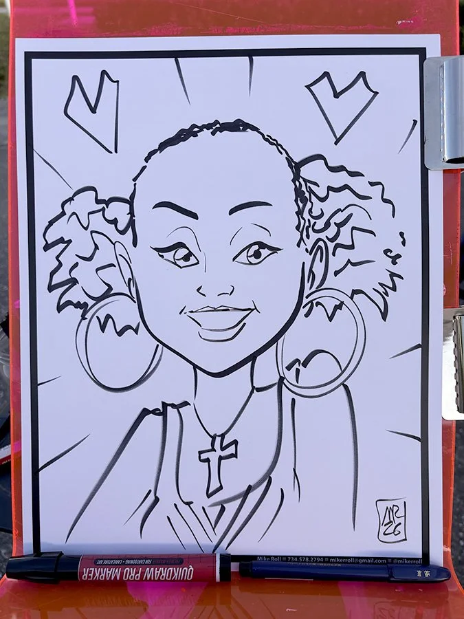 Line drawing of a woman with large earrings, a cross necklace, and curly hair, smiling and waving.