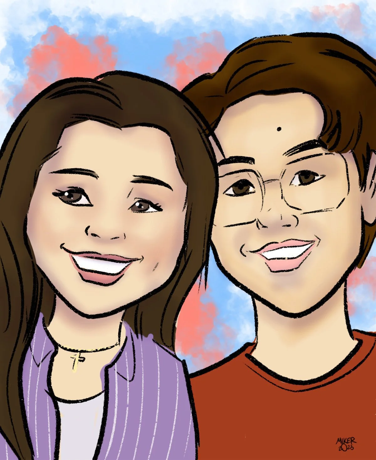 Procreate Digital illustration of two smiling women with long hair, one wearing a purple striped shirt and the other with glasses and short hair, against a background of pink and blue clouds.