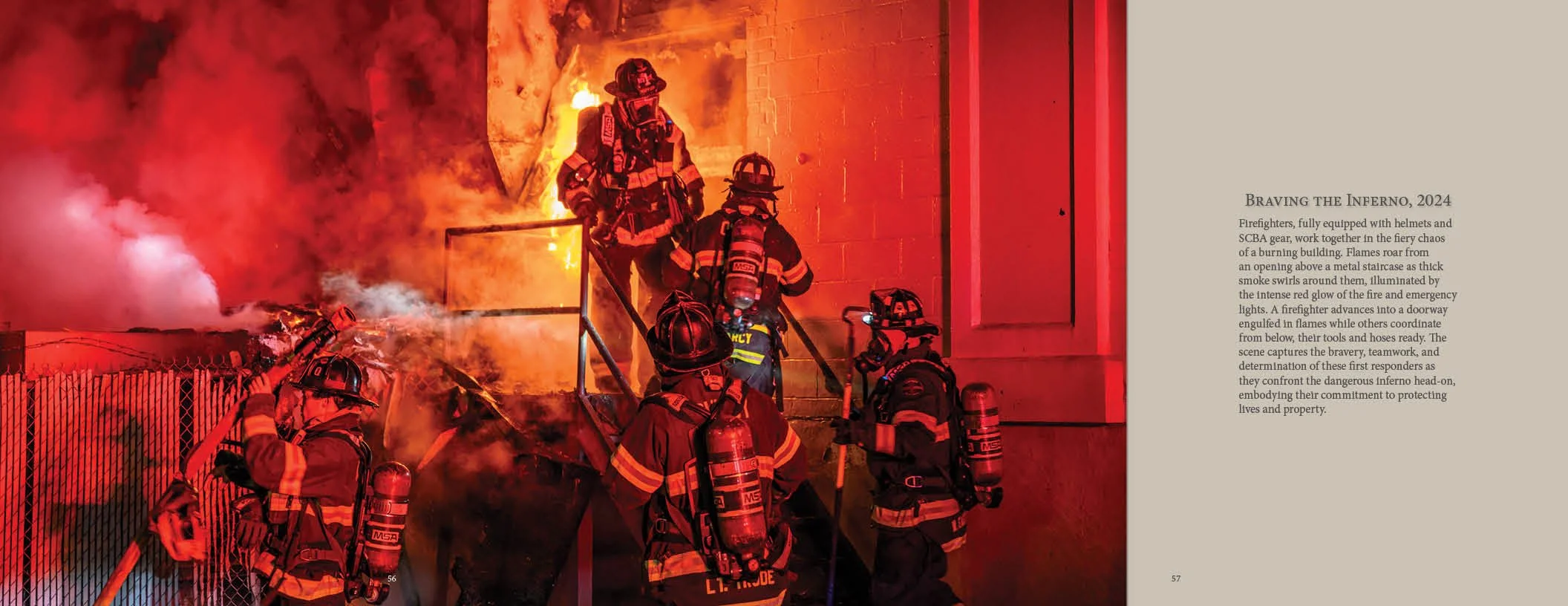 Firefighters fully equipped with helmets and SCBA gear work together in a burning building, with flames and thick smoke surrounding them.