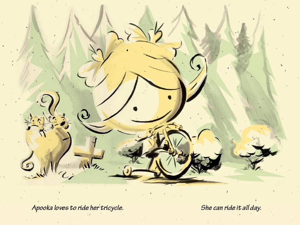A cartoon drawing of an adorable zombie girl riding a tricycle in a forest. One cat and one squirrel are sitting on a rock nearby, and trees are in the background.